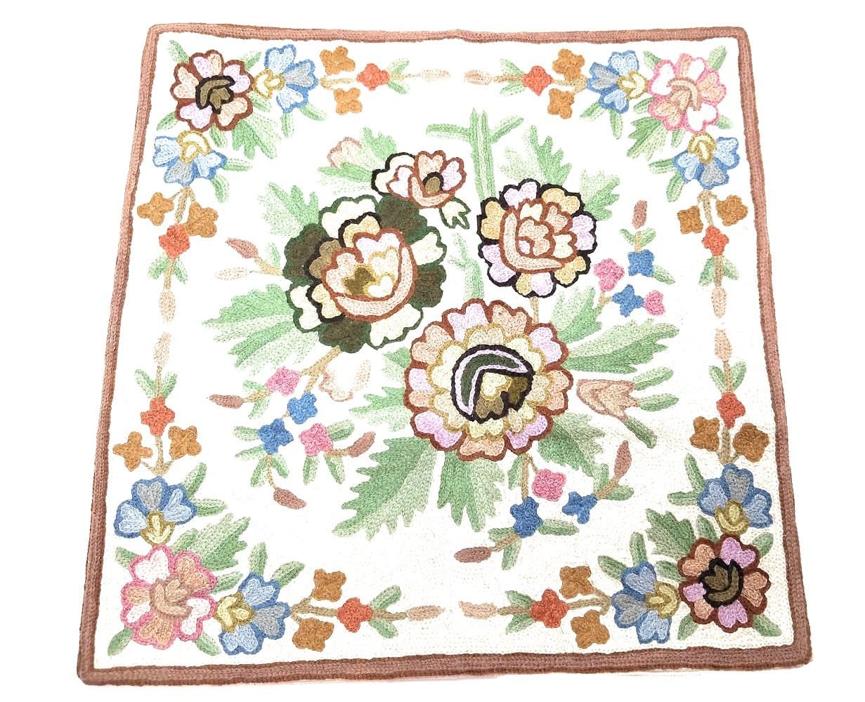 Ayuni Gifts of the World Hand Embroidered Throw Pillow Cushion Cover Wool on Cotton 16" Square (Pastel Floral #10)