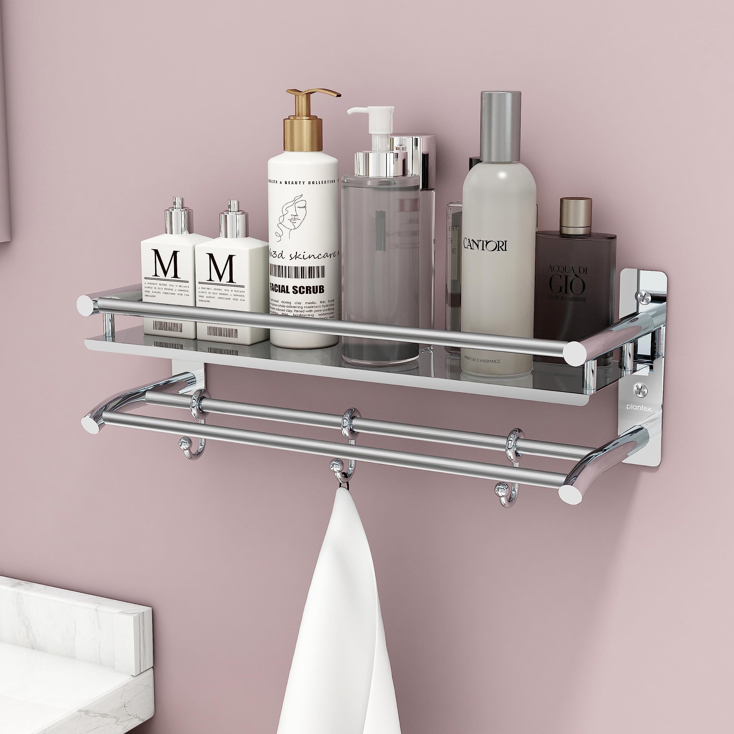 Plantex Premium Stainless Steel Bathroom Shelf/Multipurpose Rack with Towel Hooks & Hanger/Rod/Bathroom Organiser with Drill/Bathroom Stand-(2-Tier,Chrome)