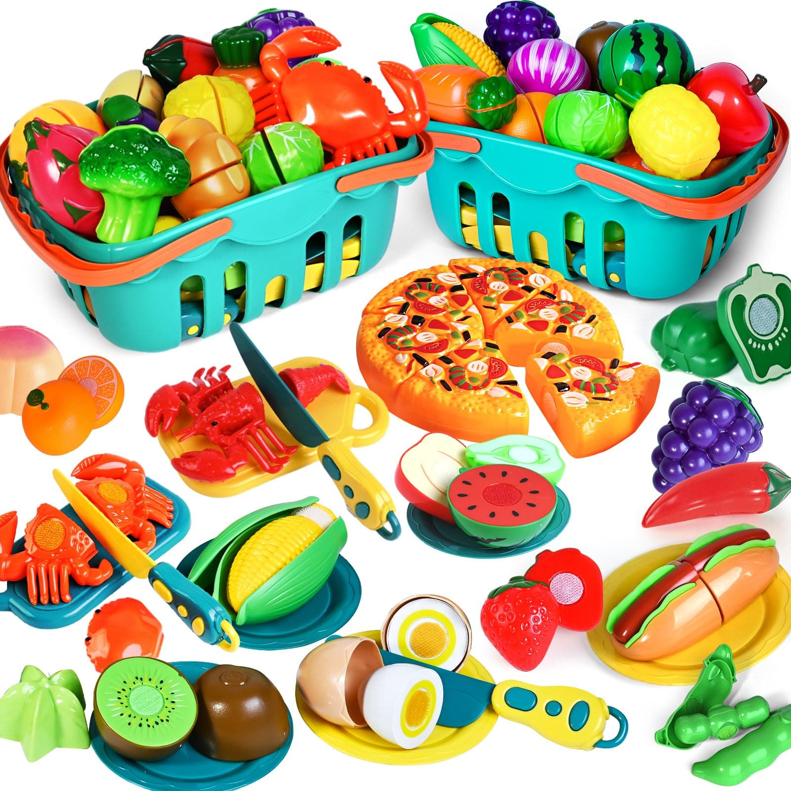 100 PCS Cutting Play Food Toy for Kids Kitchen, Pretend Food Toys for Toddlers, Play Kitchen Toys Accessories with 2 Baskets, Fake Food/Fruit/Vegetable, Birthday Gifts for 3 4 5 Years Old Boys Girls