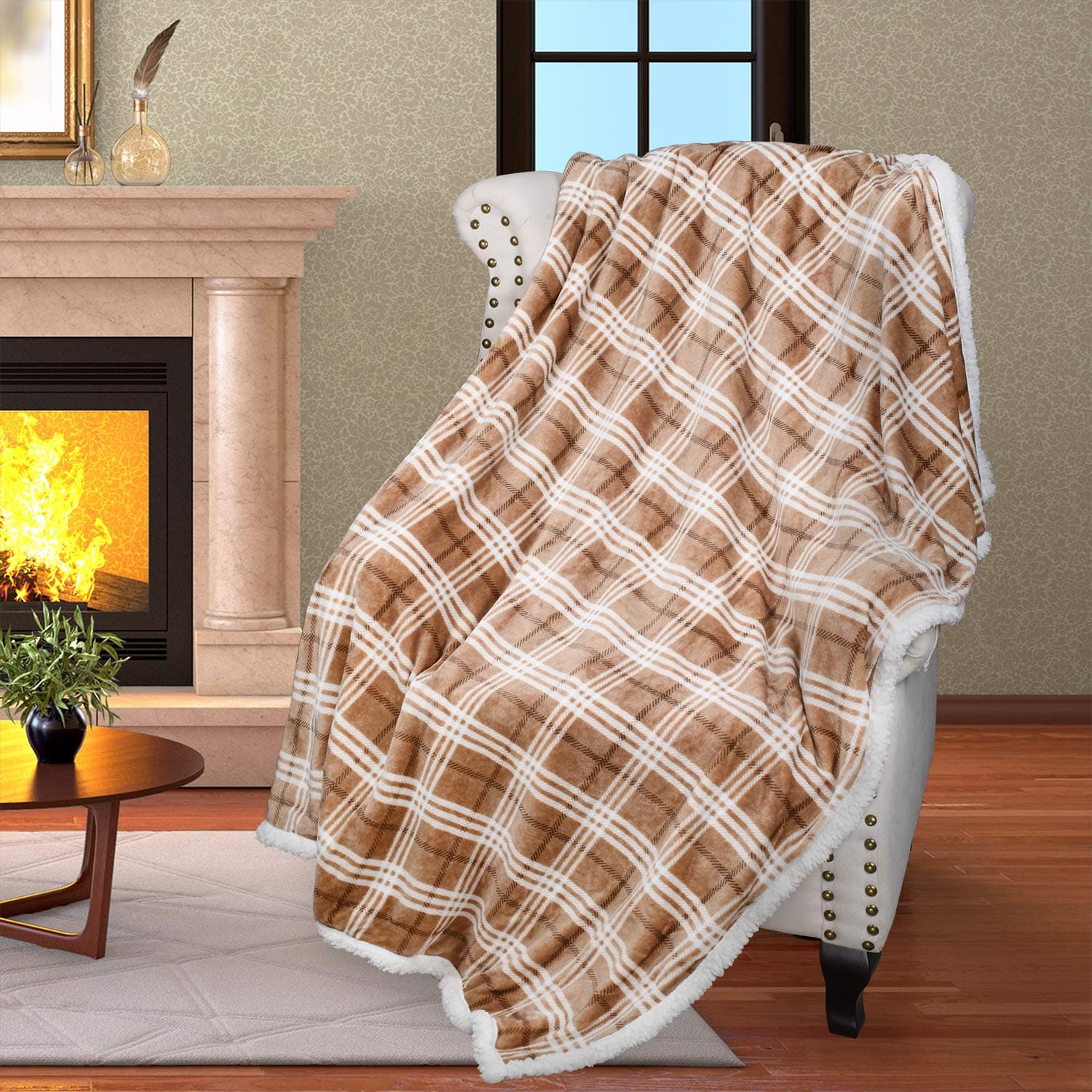 Catalonia Classy Plaid Sherpa Throw Blanket,Plush Flannel Throws for Couch and Bed,Super Soft Reversible TV Blanket,Comfort Caring Gift 150 x 130 cm,Buffalo Latte