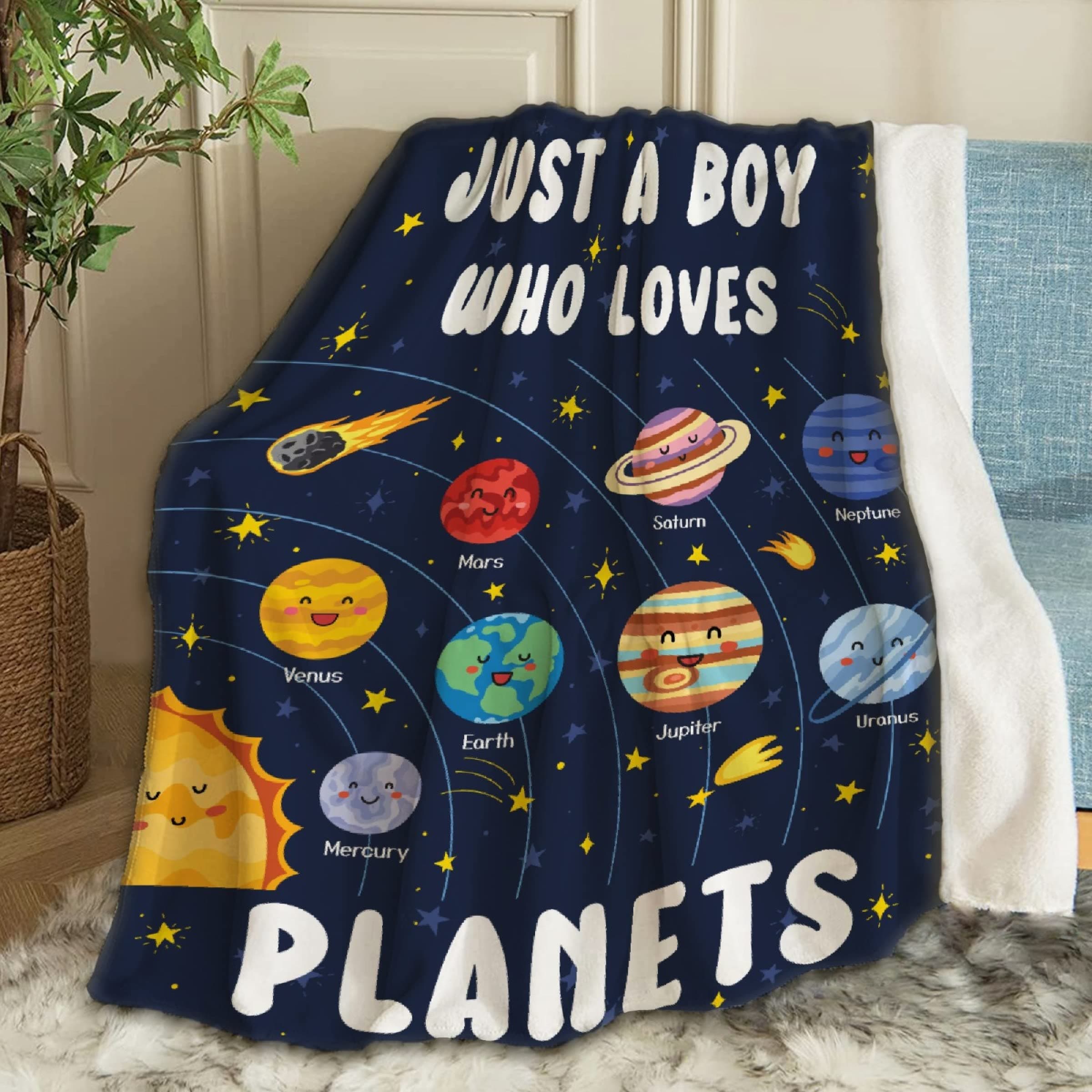 Just A Boy Who Loves Planets Solar System Space Throw Blanket Fannel Fleece Super Soft Funny Blanket Travel Throw Blanket for Bed Couch Sofa 60 x 50 Inch for Teen