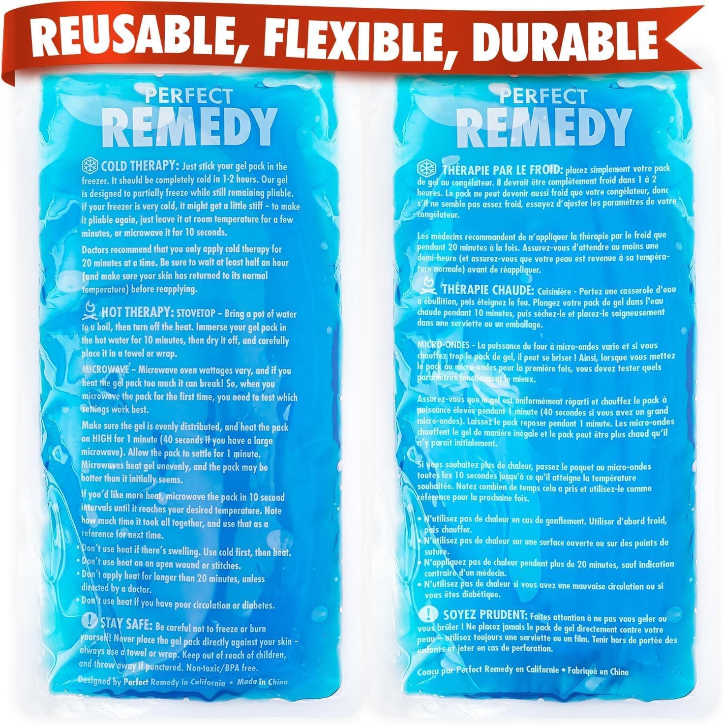 Perfect Remedy 2 Pack Gel Ice Packs For Injuries, Reusable Sports Injuries & Muscle Pains, Hot Cold Pain Relief, Knees, Back, Head, Neck (Blue, Large)