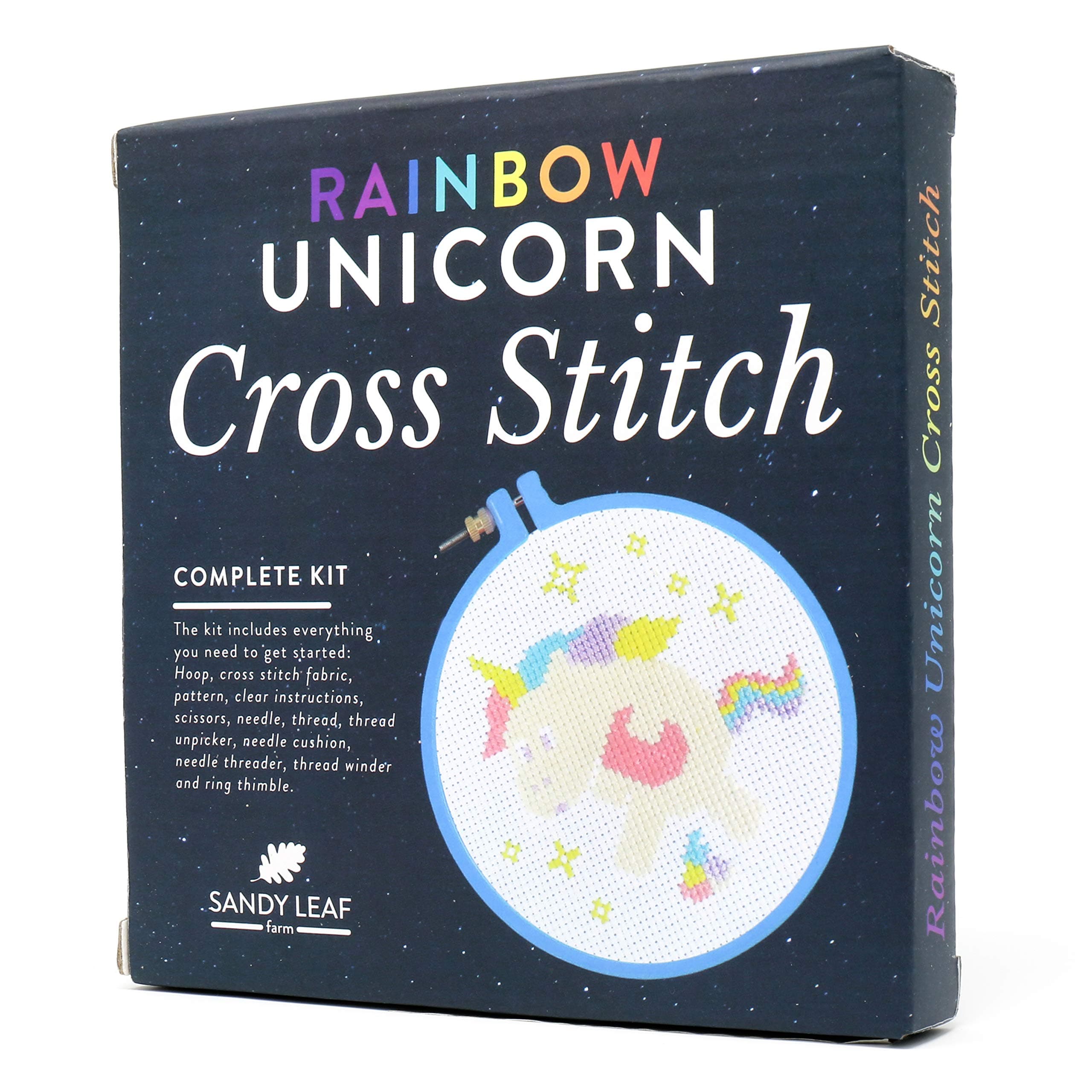 Sandy Leaf Farm Rainbow Unicorn Cross Stitch Kit - Includes everything needed to make your own cross stitch unicorn - Perfect for beginners