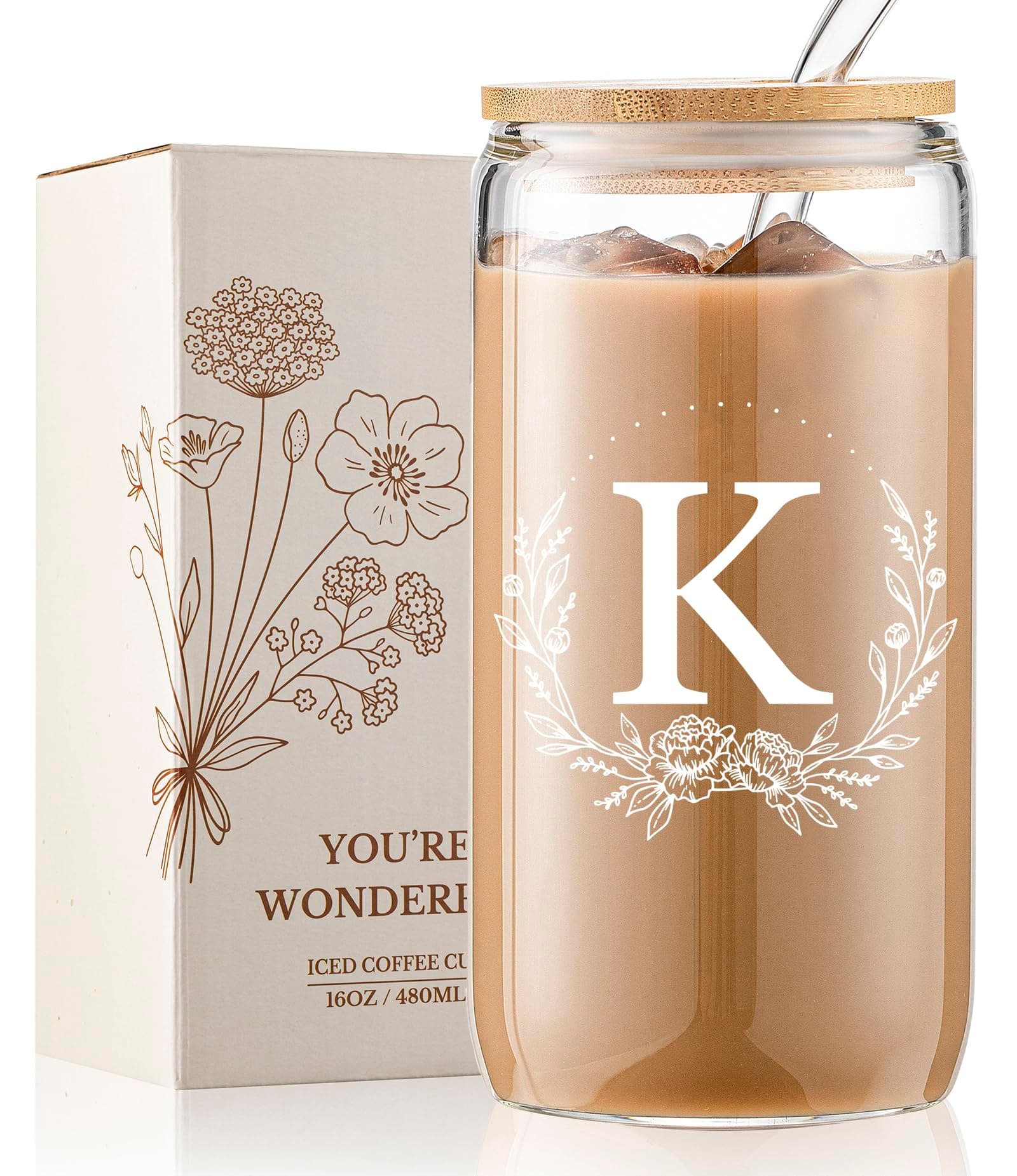 Personalized Gifts for Women, Monogrammed 16oz Glass Cups with Bamboo Lids and Straws, Customized Glass Tumbler, Cute Custom Mug, Customizable Initial Iced Coffee Glasses, Birthday Bridesmaid Mom, K