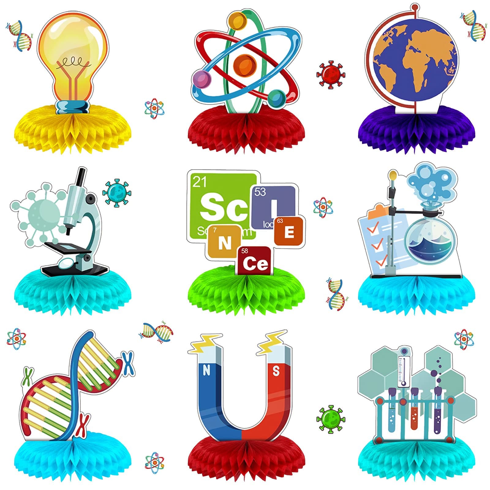 Fainne 9 Pcs Science Party Decorations Honeycomb Centerpieces 3D Table Decor Table Toppers for Science Fair Chemistry Stem Math Party Supplies Lab Week School Birthday Decorations, 9 Styles