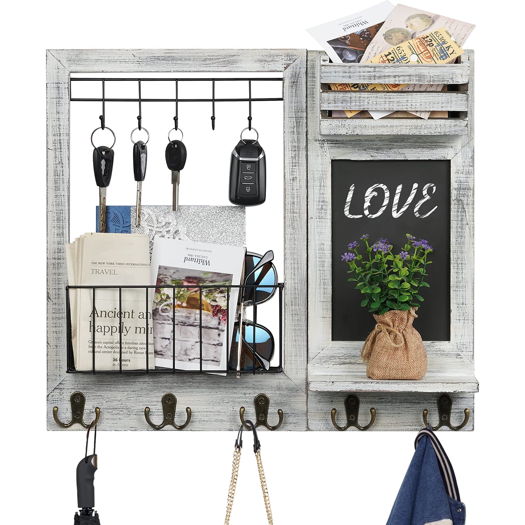 Optyuwah Key Holder for Wall Key Hooks Wall Mounted, Wooden Magazine Holder Wall Key Holder Newspaper Letter Holder Mail Organiser with 10 Hooks, Key Hanger Rack for Entryway Home Office