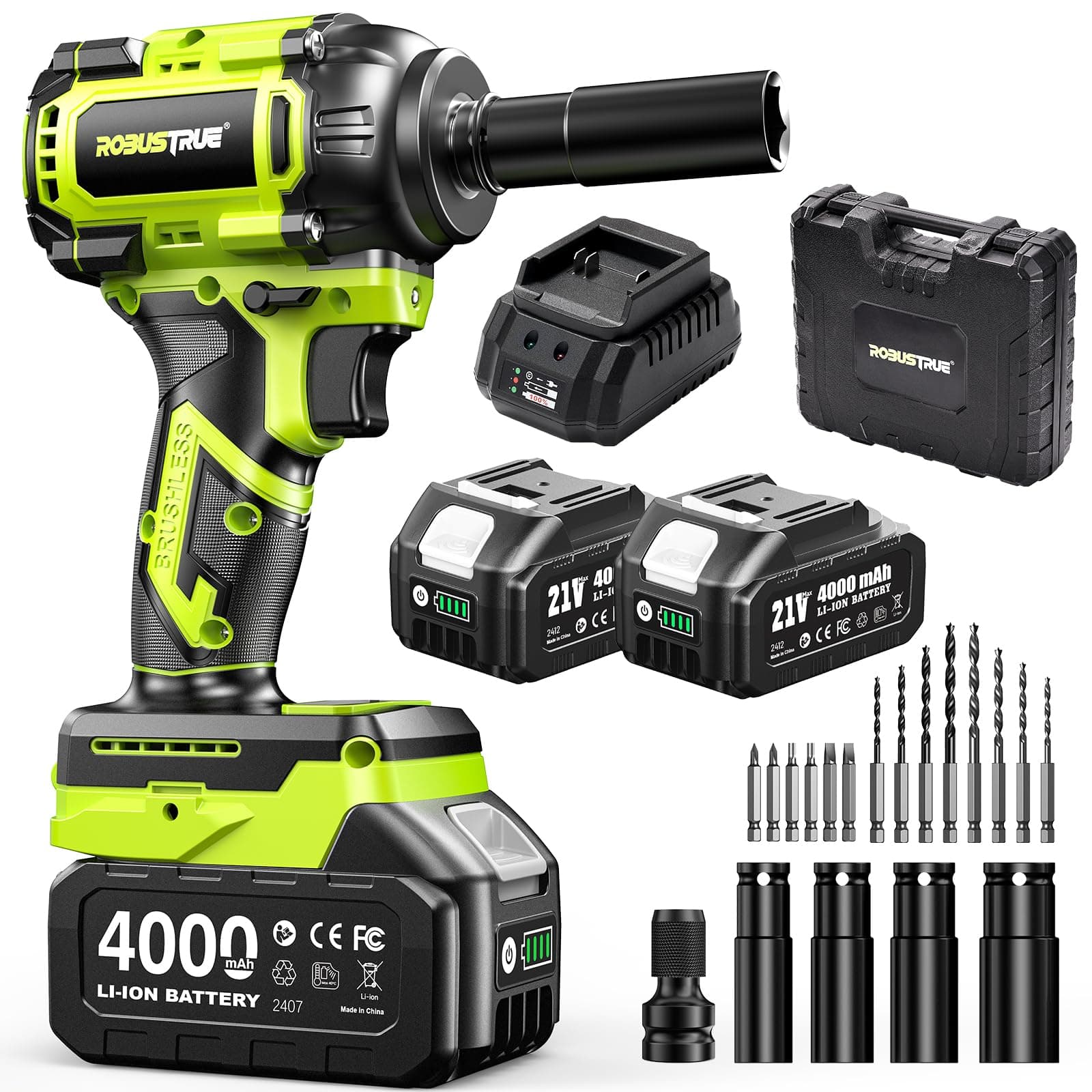 Solid 550 Nm Wireless Impact Wrench (406 Ft-lbs), 1/2 Inch Brushless Impact Wrench, 2500 rpm, 2 x 4.0 Ah Battery