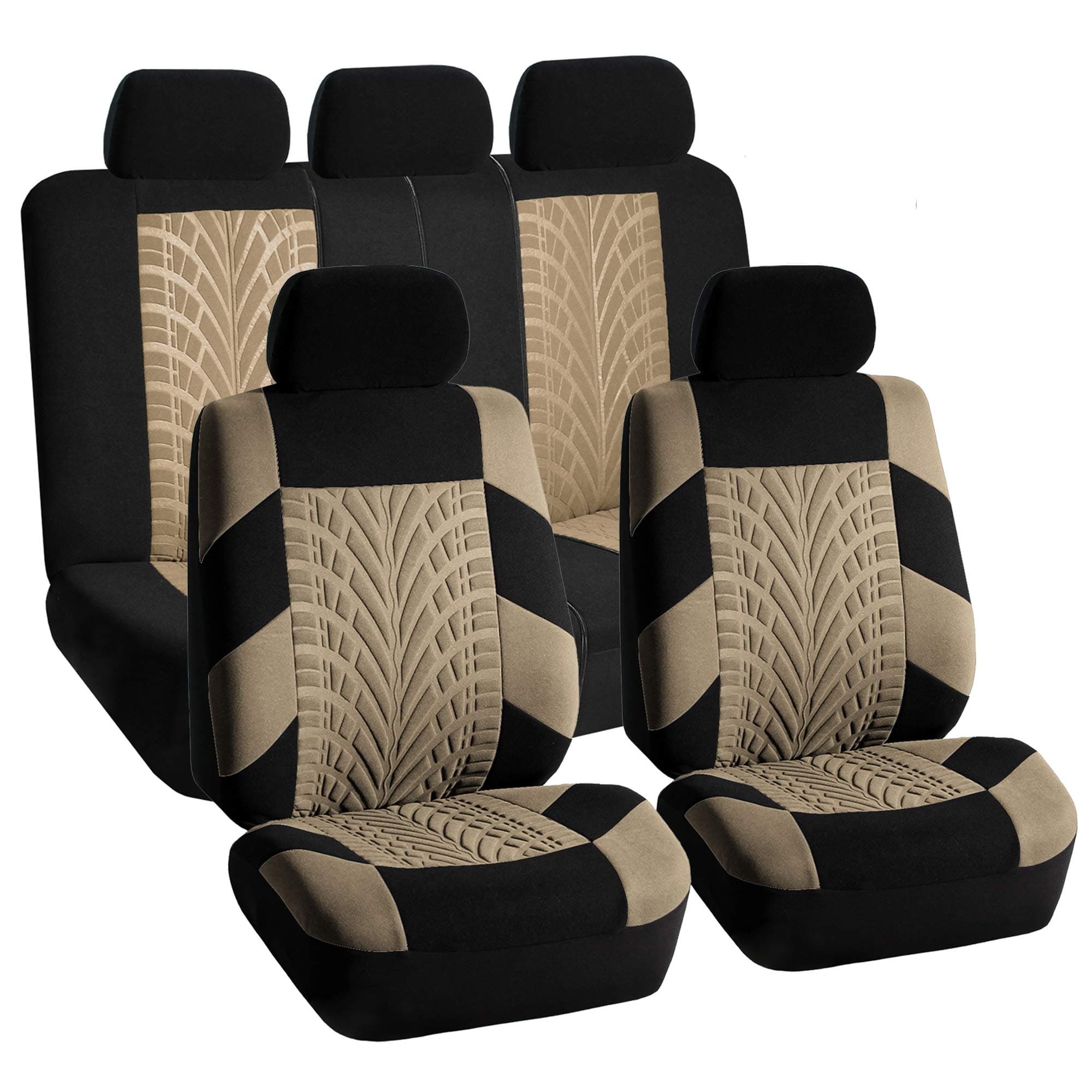 FH Group Car Seat Covers Full Set Beige Premium Cloth - Universal Fit, Automotive, Low Back Front, Airbag Compatible, Split Bench Rear Seat, Washable Cover for SUV, Sedan