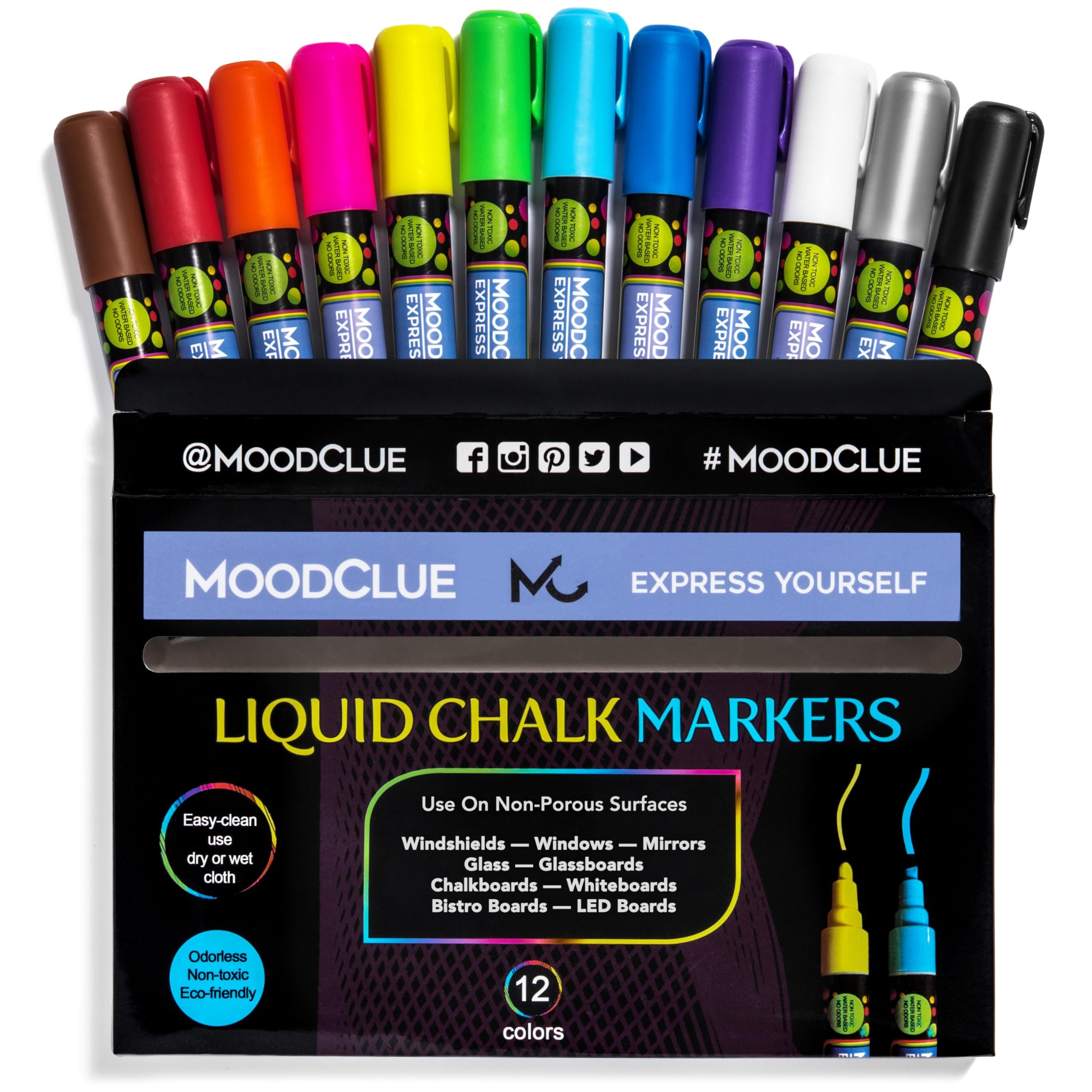 Liquid chalk markers 12 neon erasable Whiteboards, glass boards, chalkboards, windows, mirrors, car windshields, auto, glass. Odorless, non-toxic. Wet or dry erase. Thick and thin tip