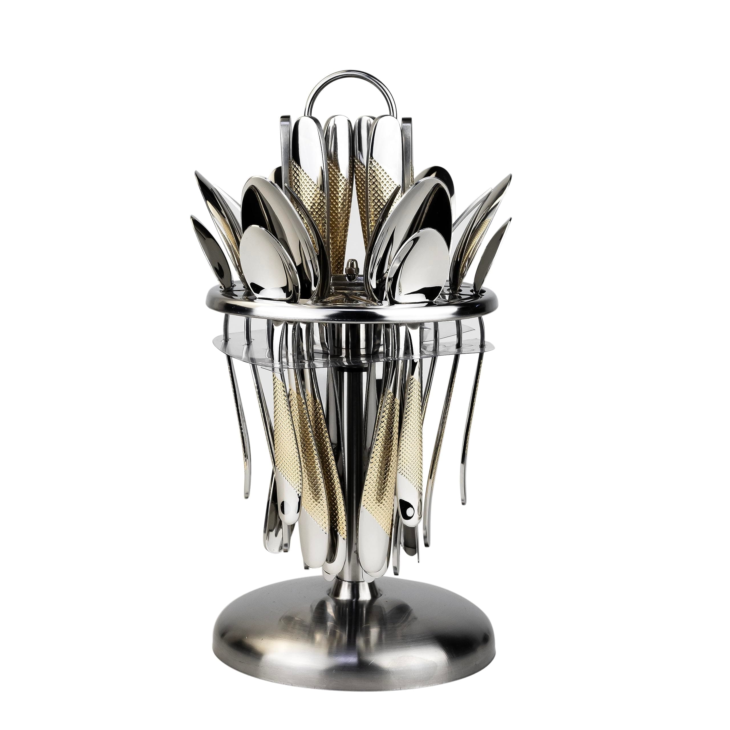 Berger 24 Piece Silverware Flatware Cutlery Set with Revolving Round Stand, Stainless Steel Includes 6 Knife, Fork, Spoon and Tea Spoon, Dinner Mirror Polished, Dishwasher Safe