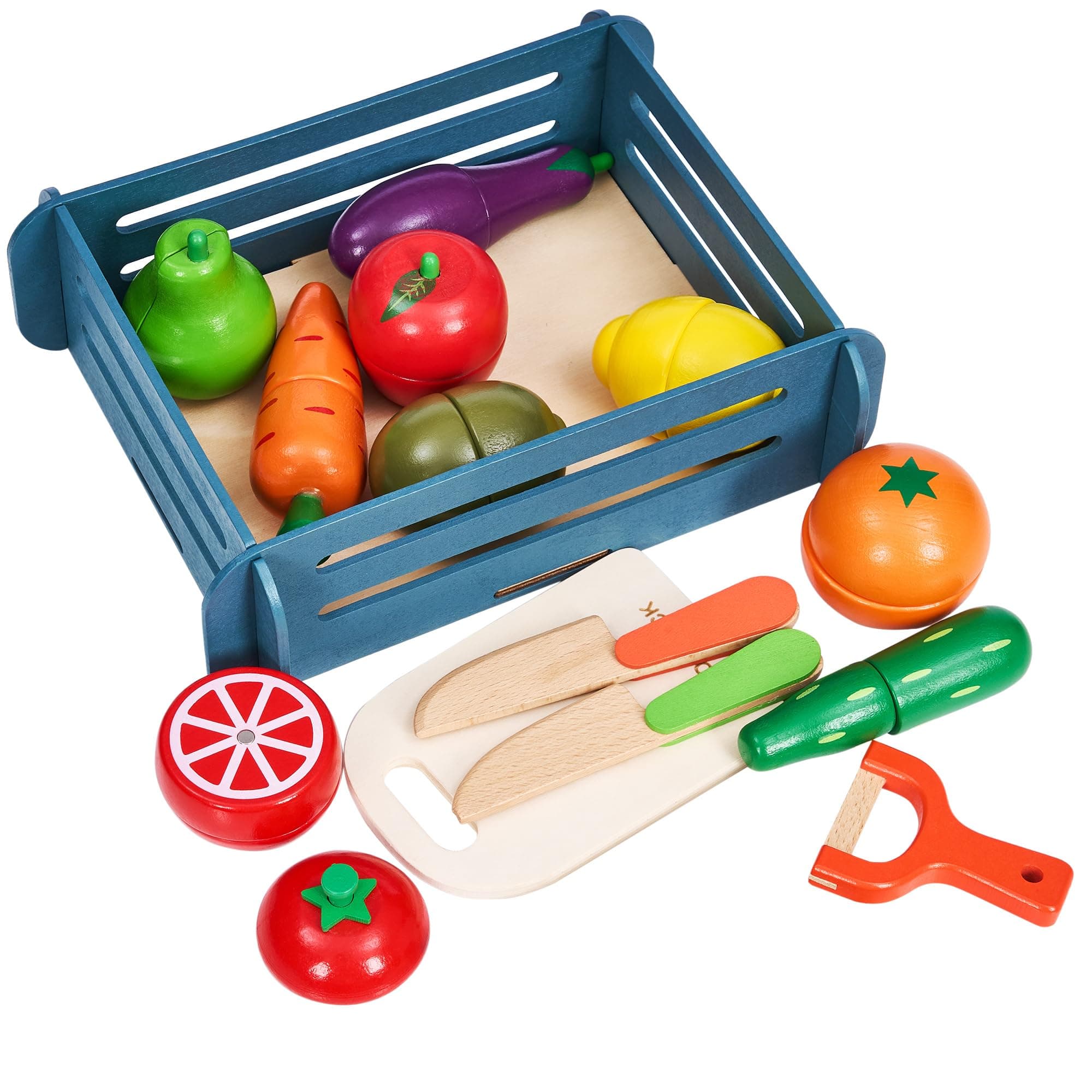 Wooden Play Food Sets for Kids Kitchen Accessories, Realistic Wood Cutting Fruits and Vegetables Toys for 3- Year Old Toddlers, Mini Pretend Play Gifts for 3 -6 Years Girls Boys