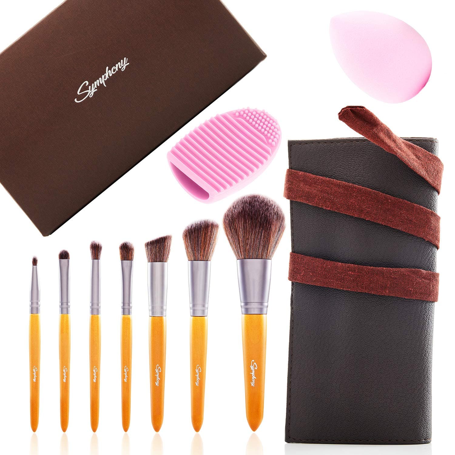 Symphony - Makeup Brush Set, 7 Essential Professional Cosmetics Brushes, Premium Soft and Synthetic Cosmetic Brushes with Make up Pouch, Beauty Blender and Cleaning Mat Included, Plus Gift Box