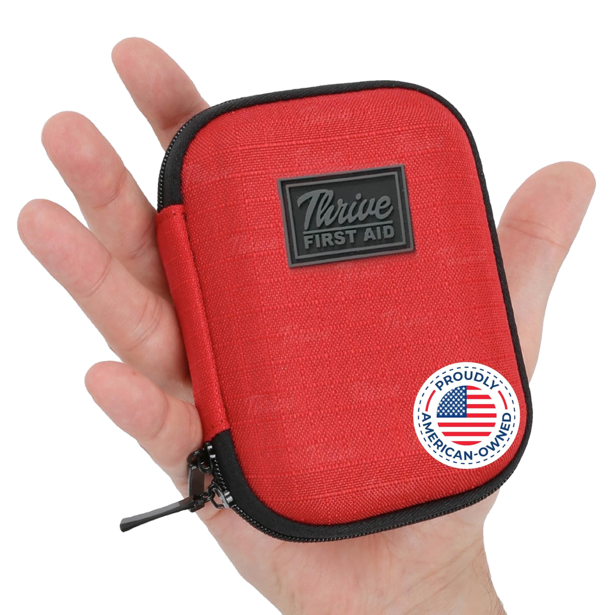 Thrive Mini First Aid Kit - Compact Travel Essentials Pack - Waterproof Camping Essentials Set - Portable Car First Aid Kit & Hiking Supplies Pouch - 66-Piece Set, Red Shell Case