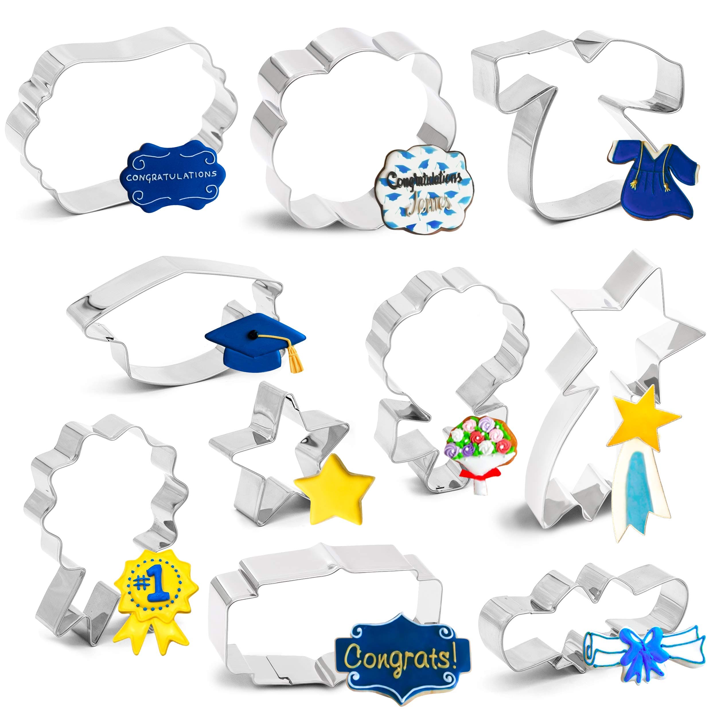 10PCS Graduation Cookie Cutters 2023 - Graduation Cap, Diploma, Star,Gown,Plaque Frame,Medallion,Bouquet Party Supplies Decorations Set