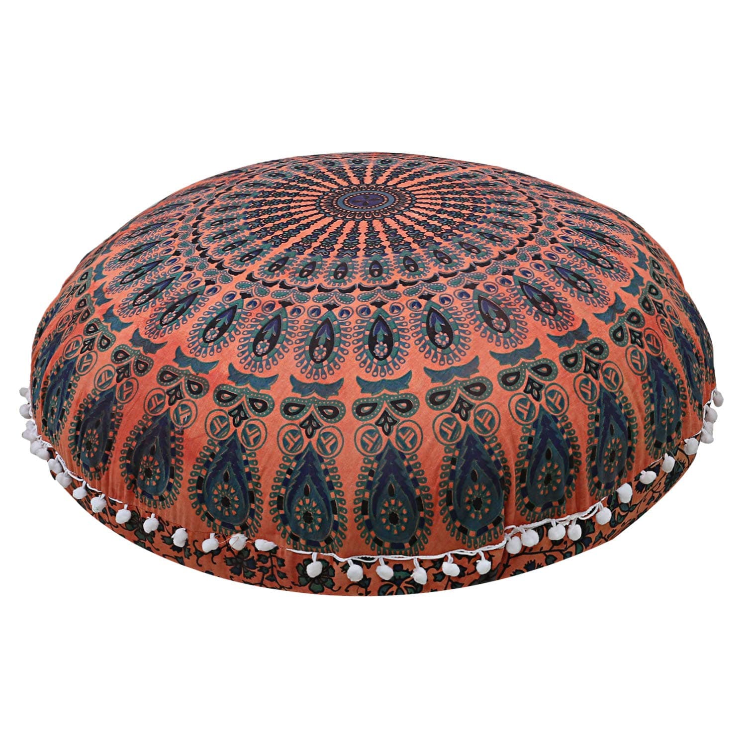 Mandala Floor Pillow Cushion Seating Throw Cover Hippie Decorative Bohemian Ottoman Poufs, Pom Pom Pillow Cases,Boho Indian (32 Inches, Orange Dye)