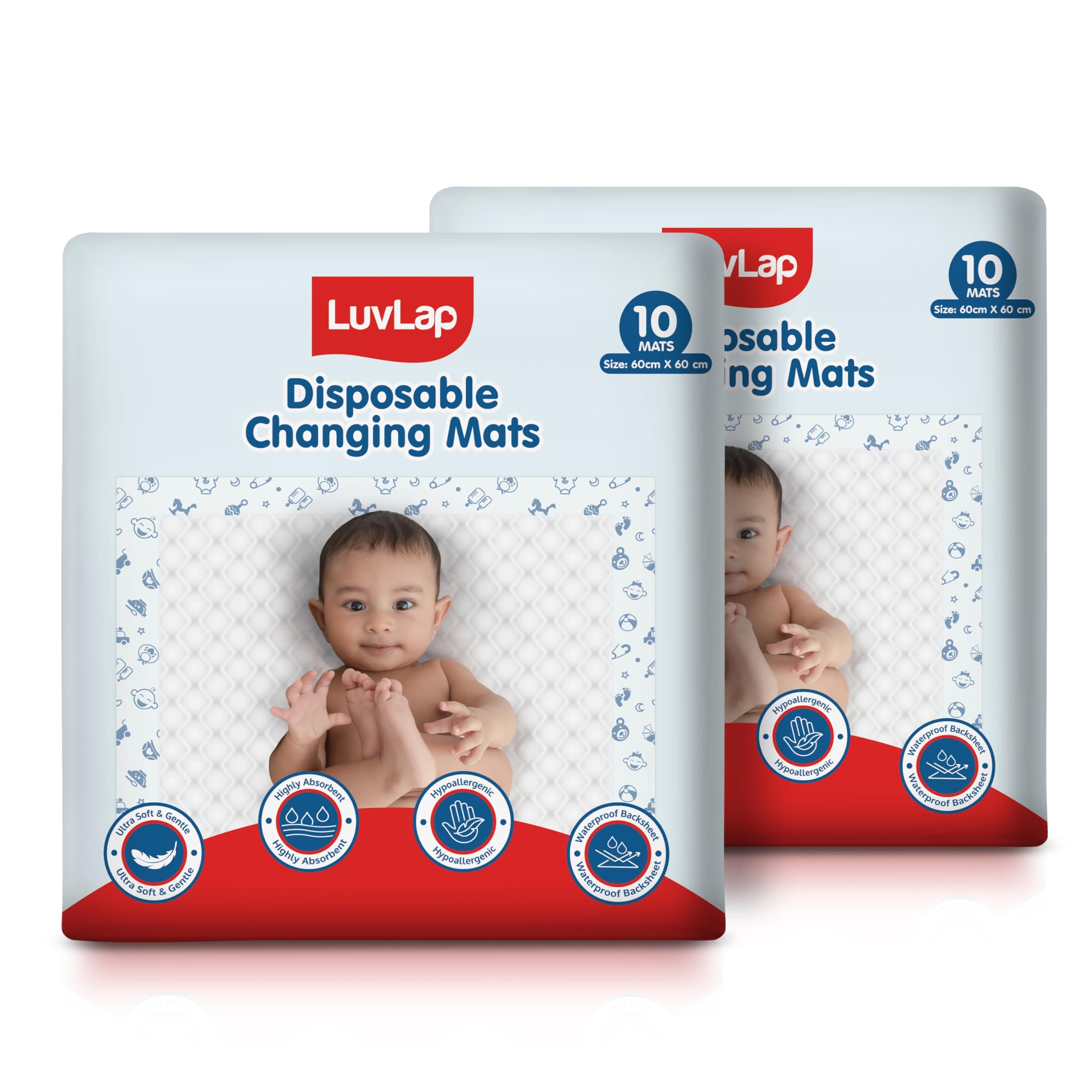 LuvLap Disposable Baby Underpad cum Changing Mats, 20 Count 60x60 CM Waterproof Pads for baby, Breathable Underpads act as 100% Water Proof Bed Protector, Non Slip Backsheet, Hypoallergenic