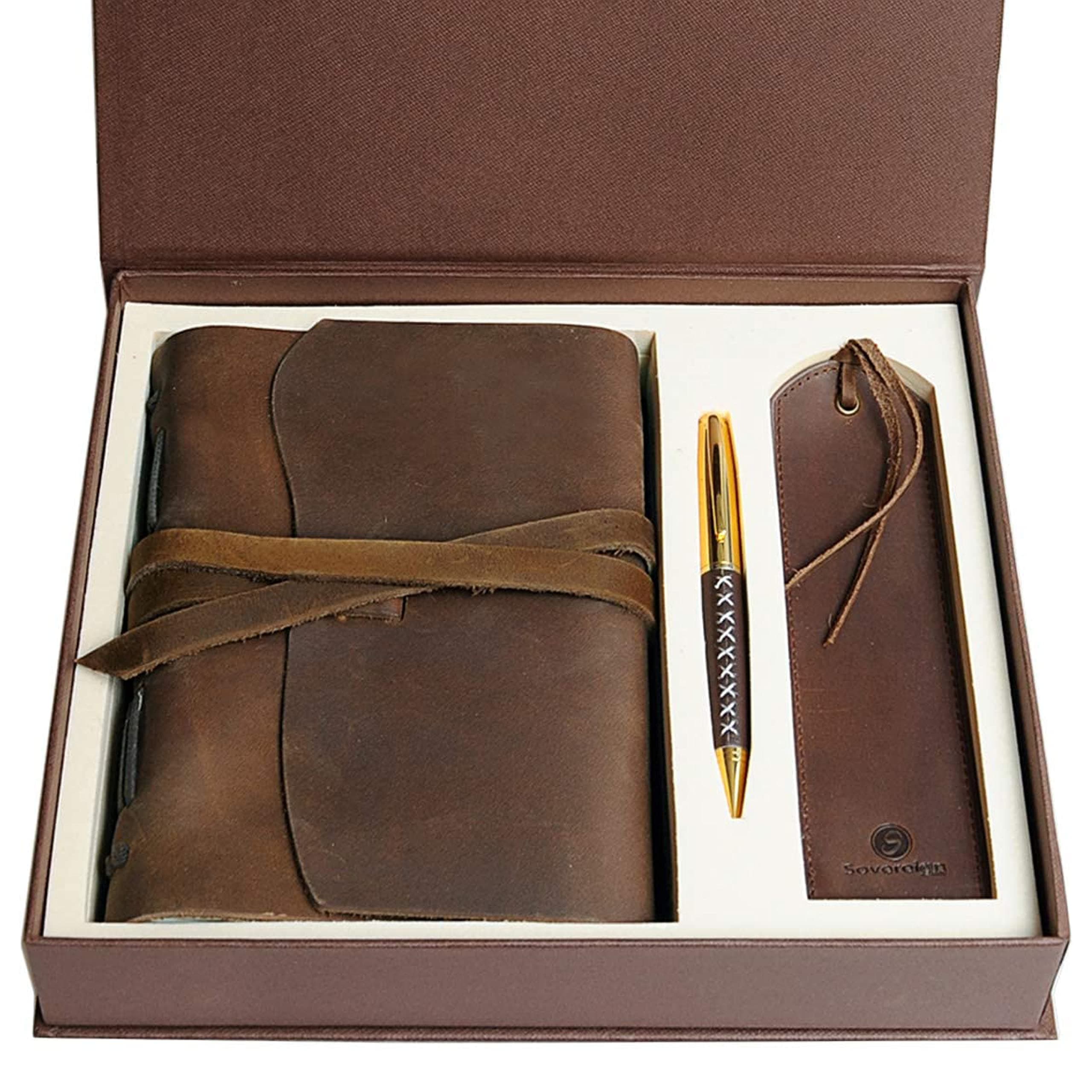 Sovereign-Gear Leather Journal Gift Set with Antique Leather Bookmark + Pen, Handmade Writing Notebook 7x5 Inches Unlined Leather Bound Daily Notepad For Men For Women, Best Luxury Gift Box Travel Diary for all ages