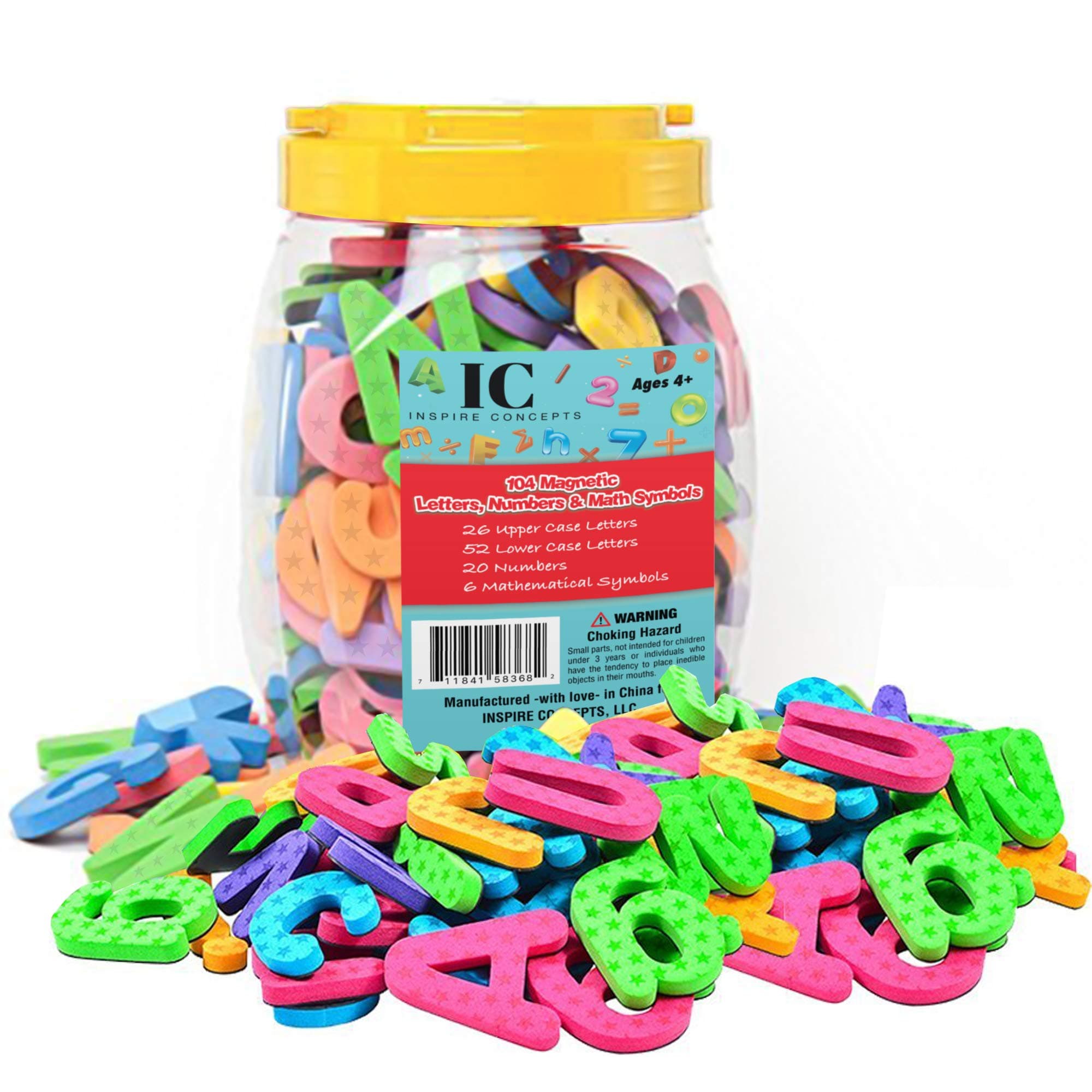 Inspire Concepts Magnetic Letters and Numbers 104 Educational Alphabet Refrigerator Magnets for Fun Learning| Uppercase, Lowercase and Math Symbols for Vocabulary, Sentence Building and Math