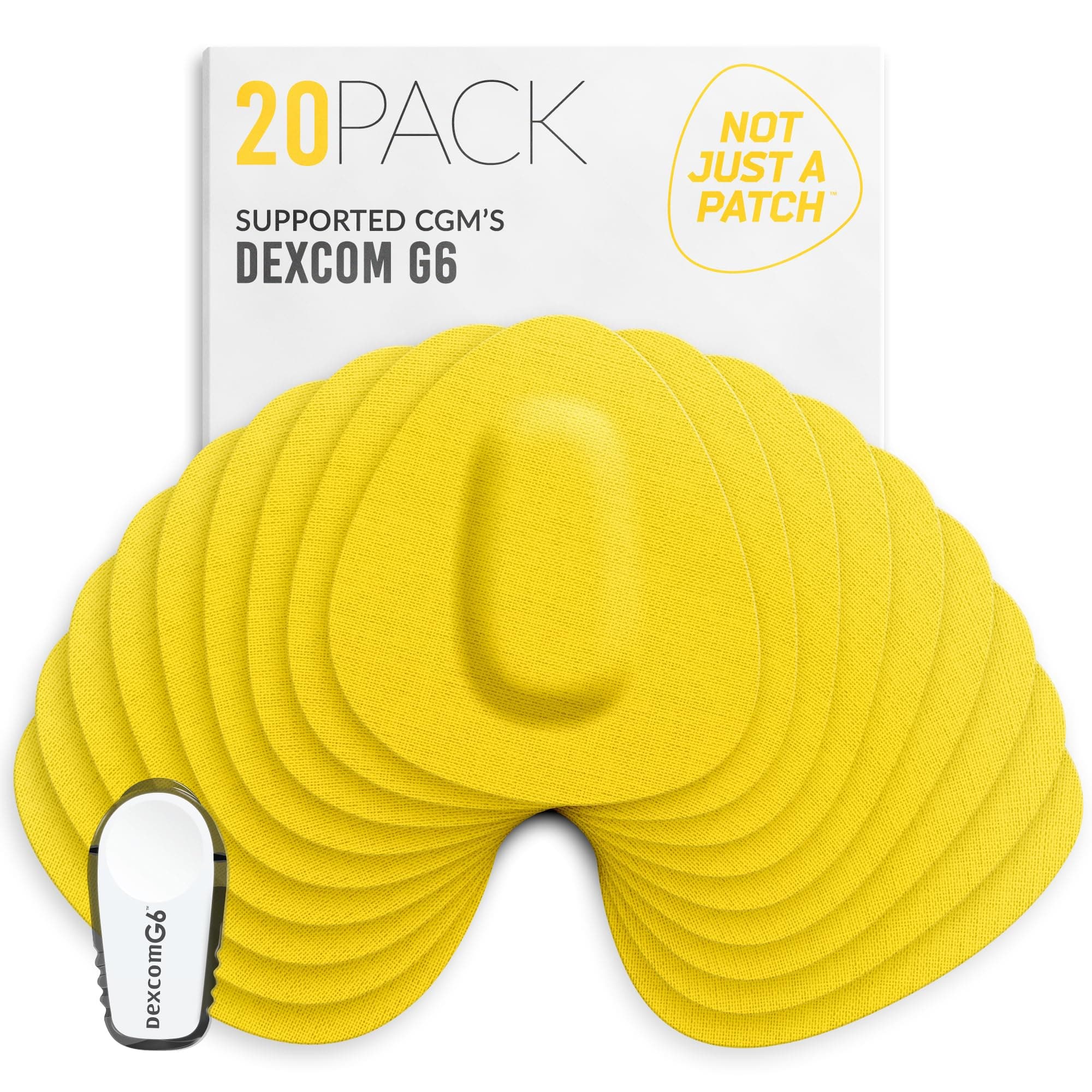 Not Just A Patch CGM Sensor Patches for Dexcom G6 & MiaoMiao (20 Pack) - Water Resistant & Durable for Active Lifestyle for 10-14 Days - Pre-Cut Dexcom G6 Adhesive Patches in Yellow