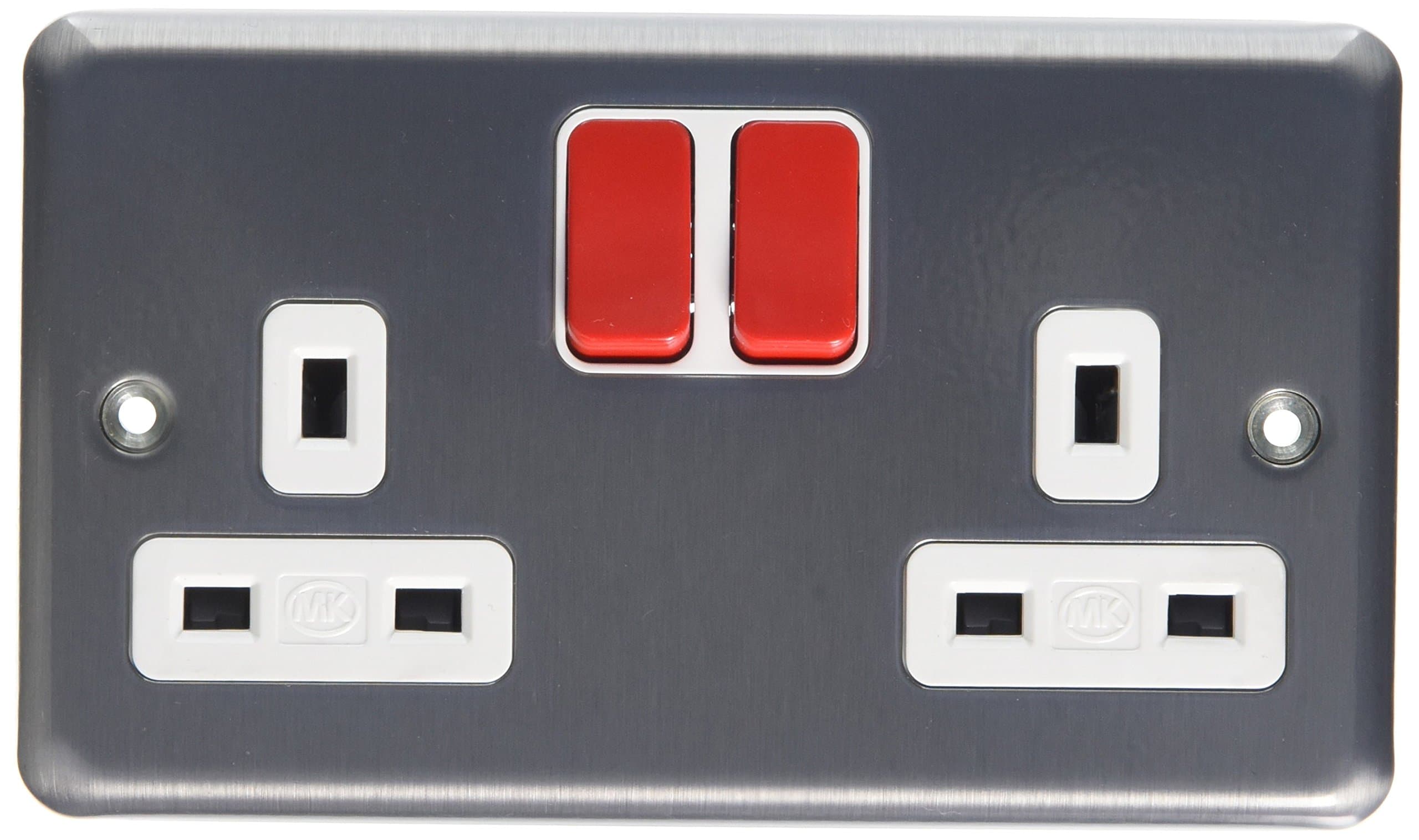 MKK2948D6BRC Double Switch Socket with Red Rockers/Dual Earth/Double Pole - Brushed Chrome