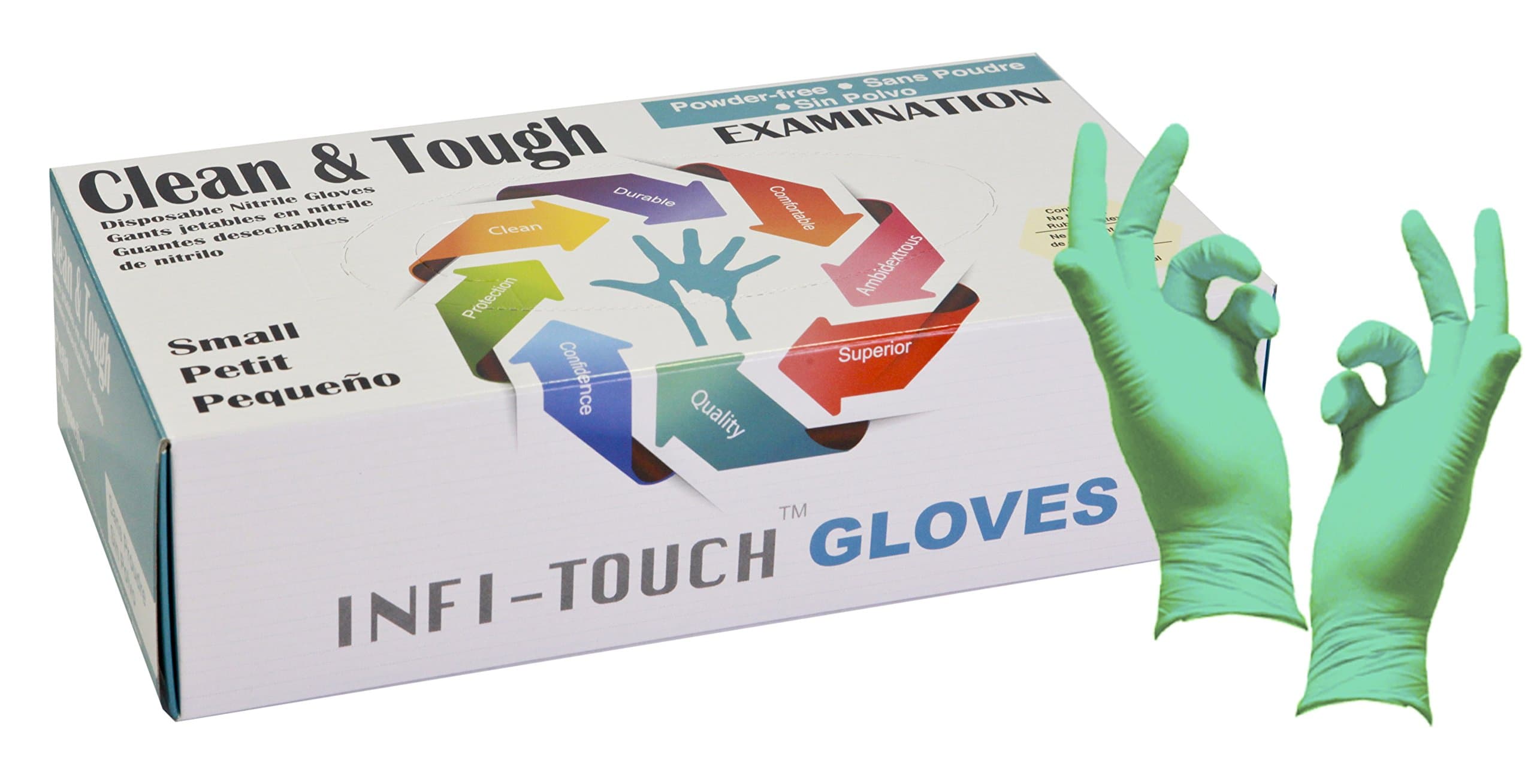 "RESIDUE FREE" Green Nitrile Gloves, Infi-Touch Clean & Tough 5 Mill Thickness, Disposable Gloves, Powder Free, Non Sterile, Finger Tip Textured, Dispenser Pack of 100 (Small)