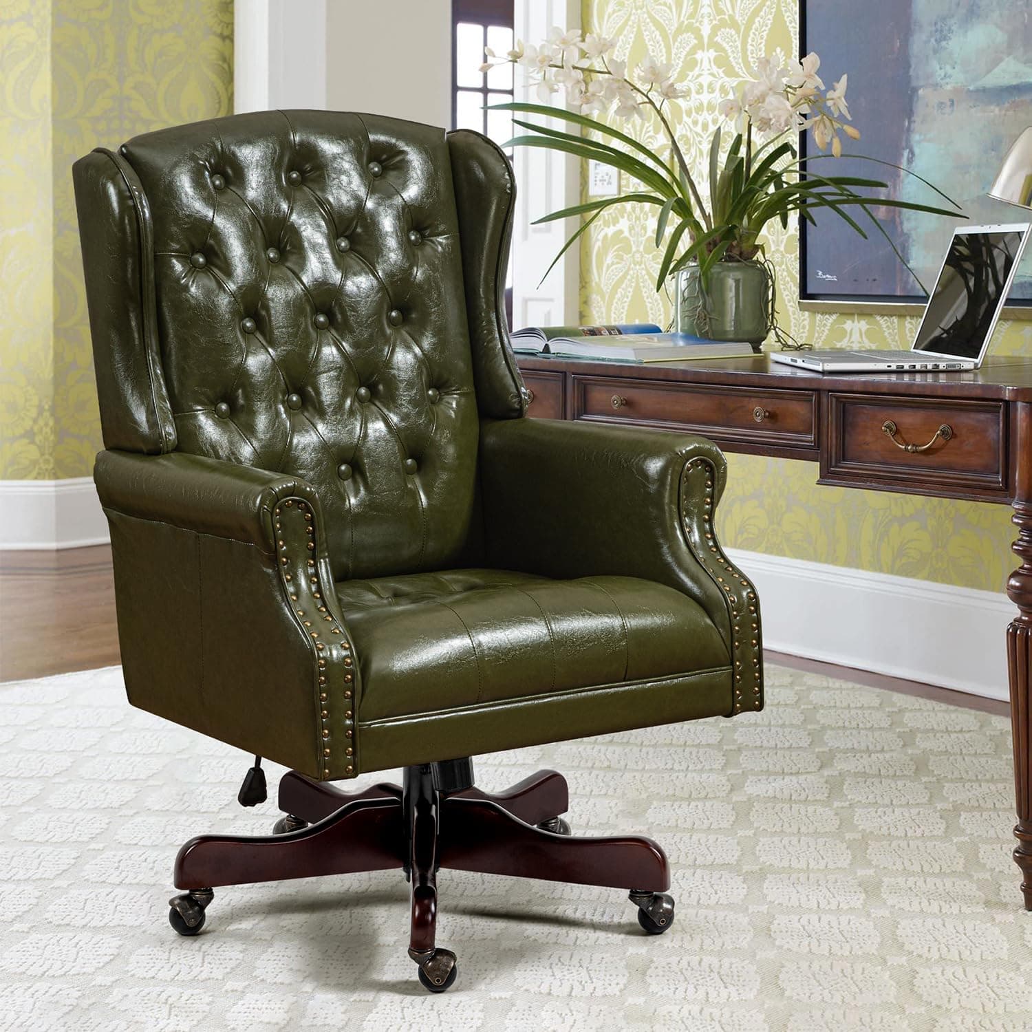 ECOTOUGE Executive Desk Chair, Leather Wingback Home Office Chair with Nail Head Trim & Tufted Back, High Back Computer Chair for Home, Office and Living Room, Green