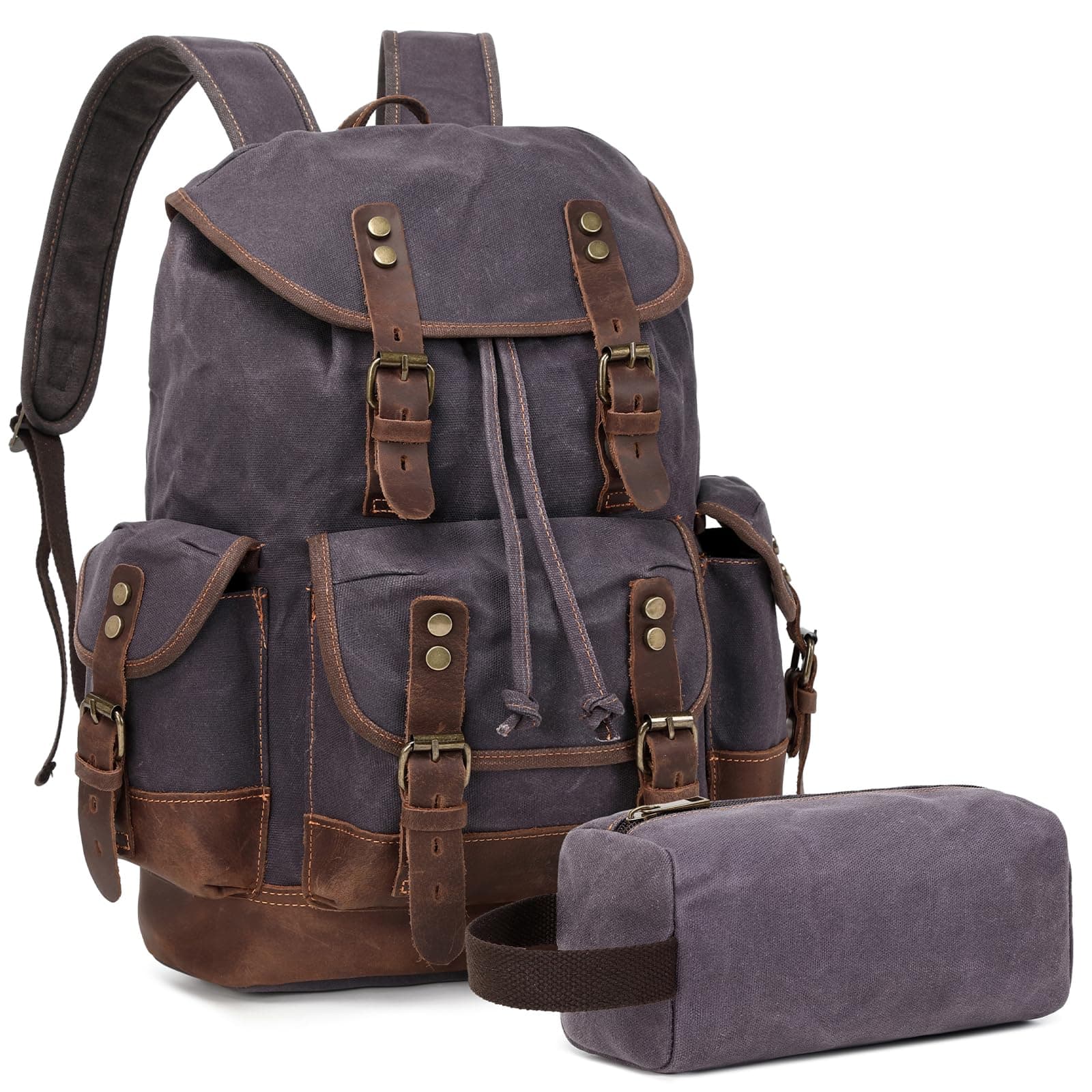 Leather Backpack for Men, Waxed Canvas Vintage Backpack Rucksack for Business College Travel Hiking Shoulder Daypacks With Toiletry Bag(Grey)