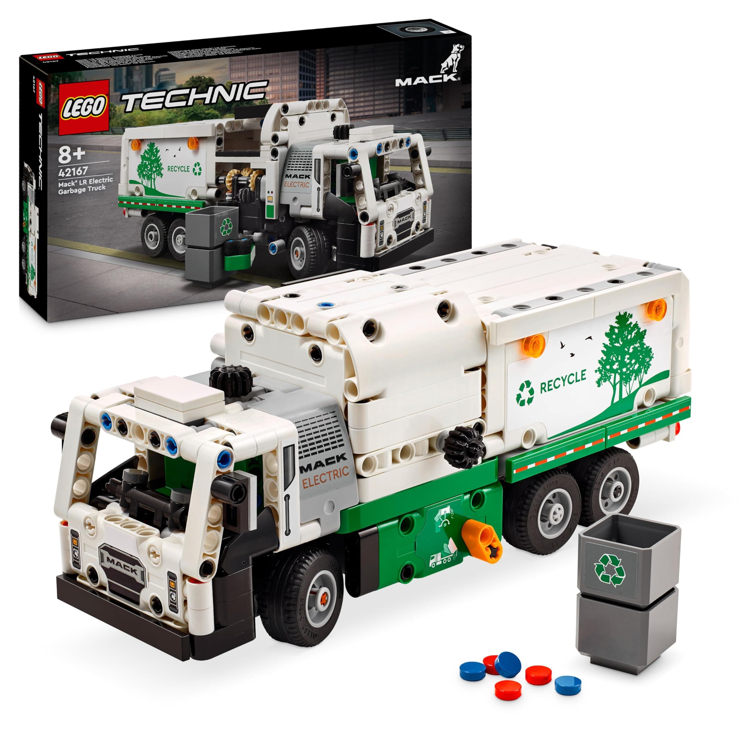 Technic Mack LR Electric Garbage Truck Toy for Boys & Girls aged 8 Plus Years Old, Recycling Bin Lorry with Realistic Features, Vehicle Gift Idea 42167