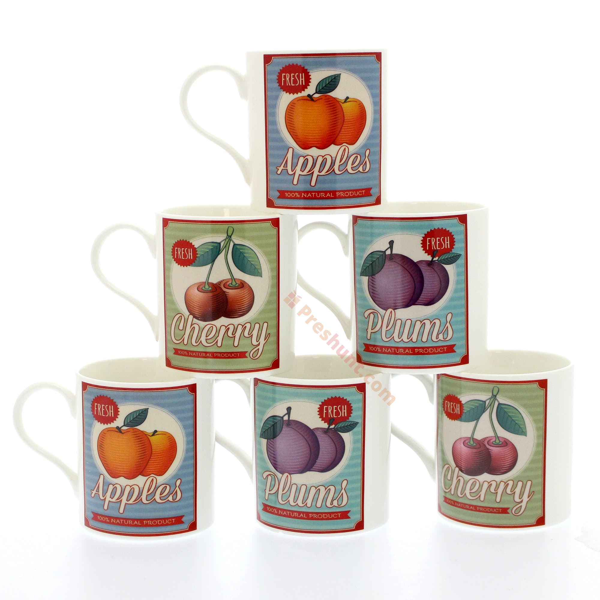 Set 6 Fine China Mugs, Individually Boxed - Retro Fruit Signs Design