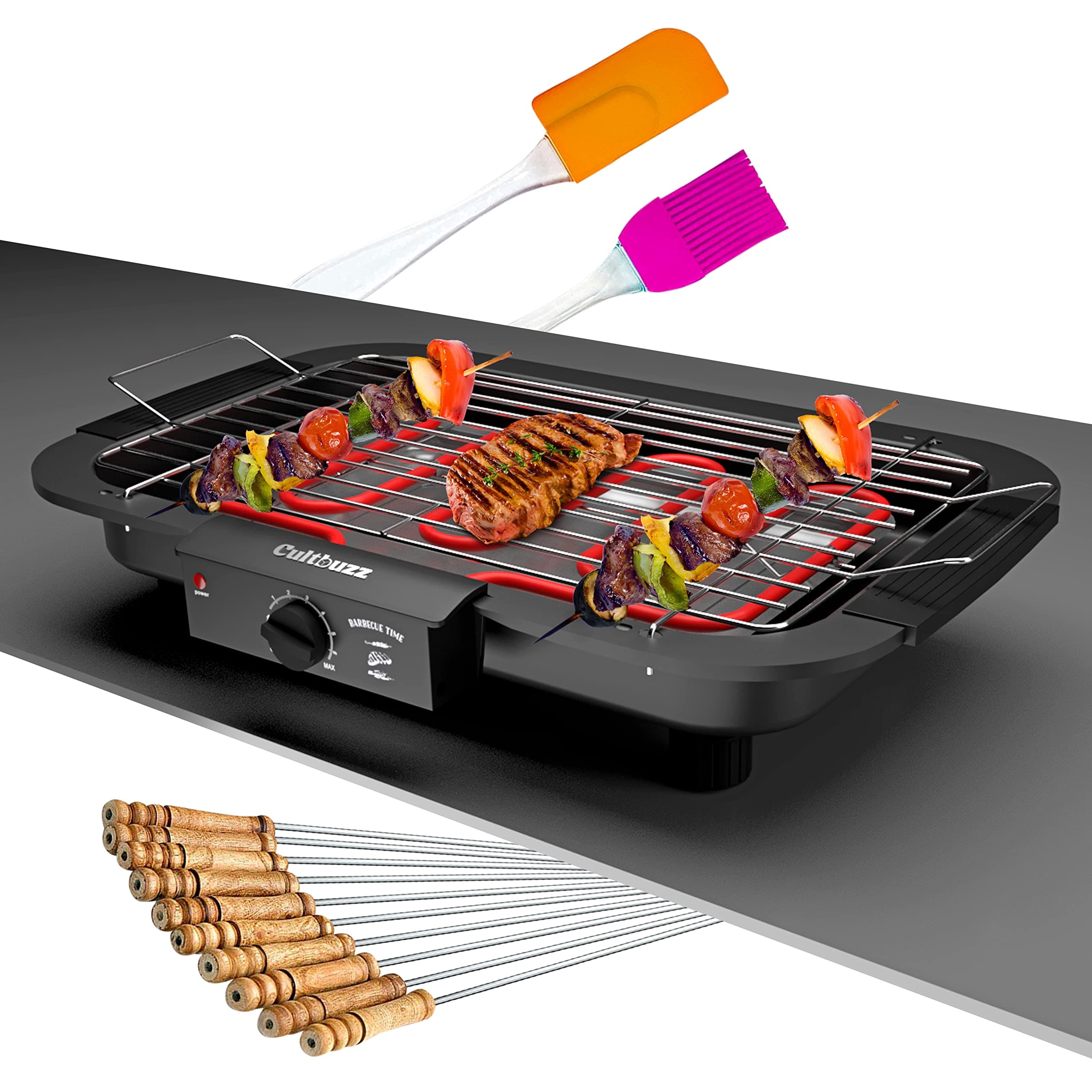 2000 Watt Electric Barbecue Grill Smokeless Portable Adjustable Temperature Indoor and Outdoor barbeque grill for home Removable Water Filled Drip Tray (BBQ With Stick spatula)