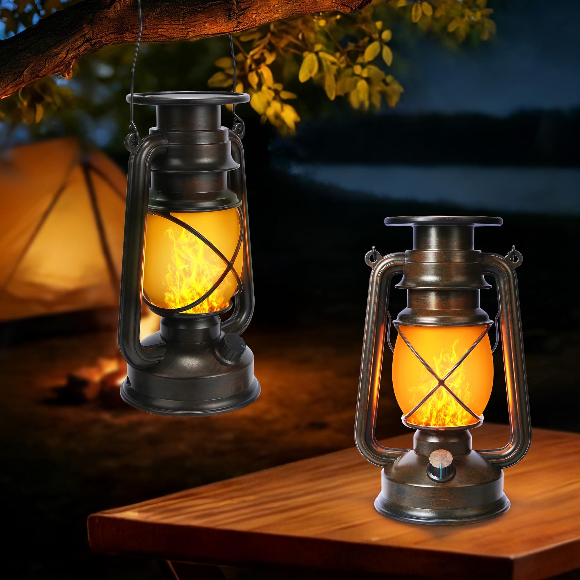 Solar Lantern Outdoor Lights, 2 Pack Bronze Vintage LED Lantern with 2 Modes, Waterproof Hanging Solar Lights for Camping Patio Garden Yard Outdoor Decorations
