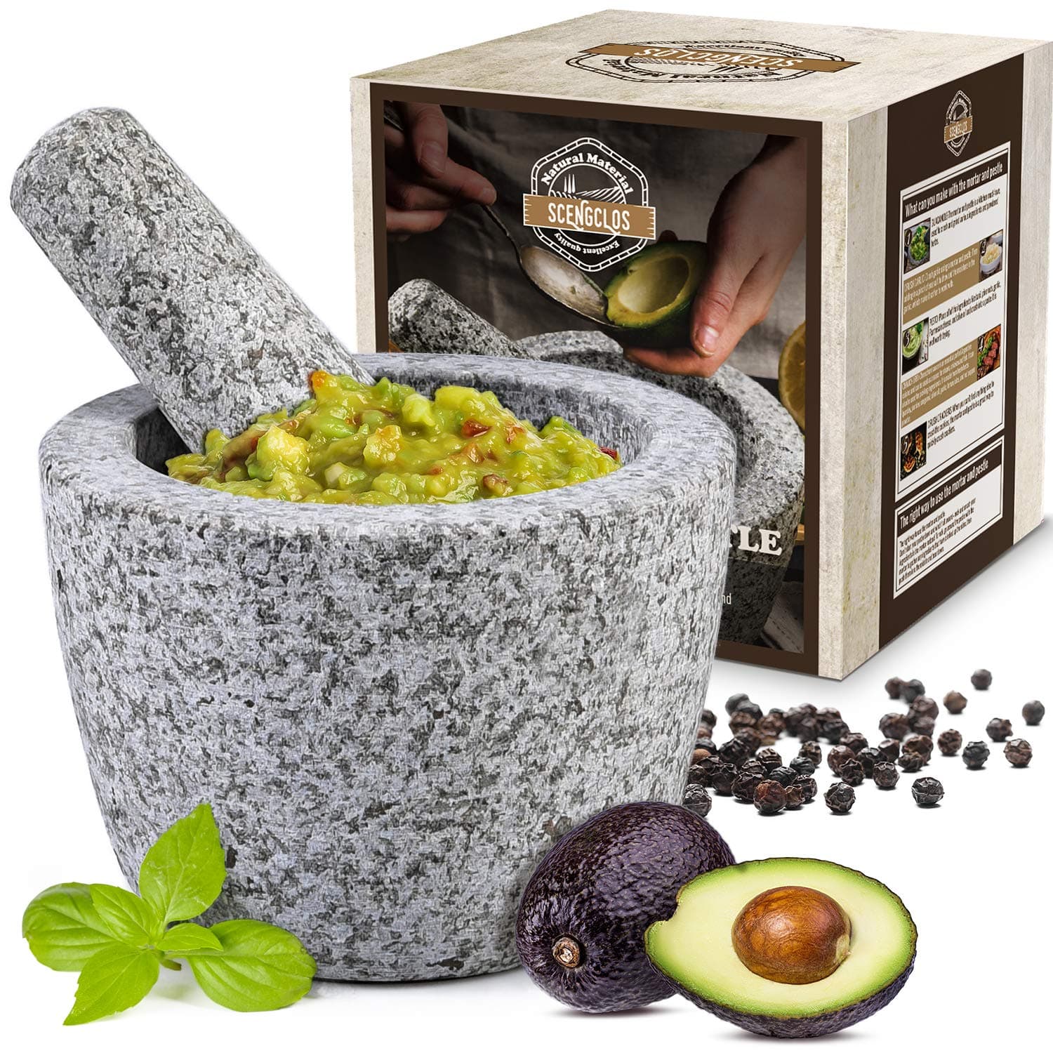 Mortar and Pestle Set with Longer Pestle(6.25'') and Anti-Scratch Pad, Granite Unpolished Molcajete, Spices Grinder for Guacamole, Herb, Spices, Pastes, Salads