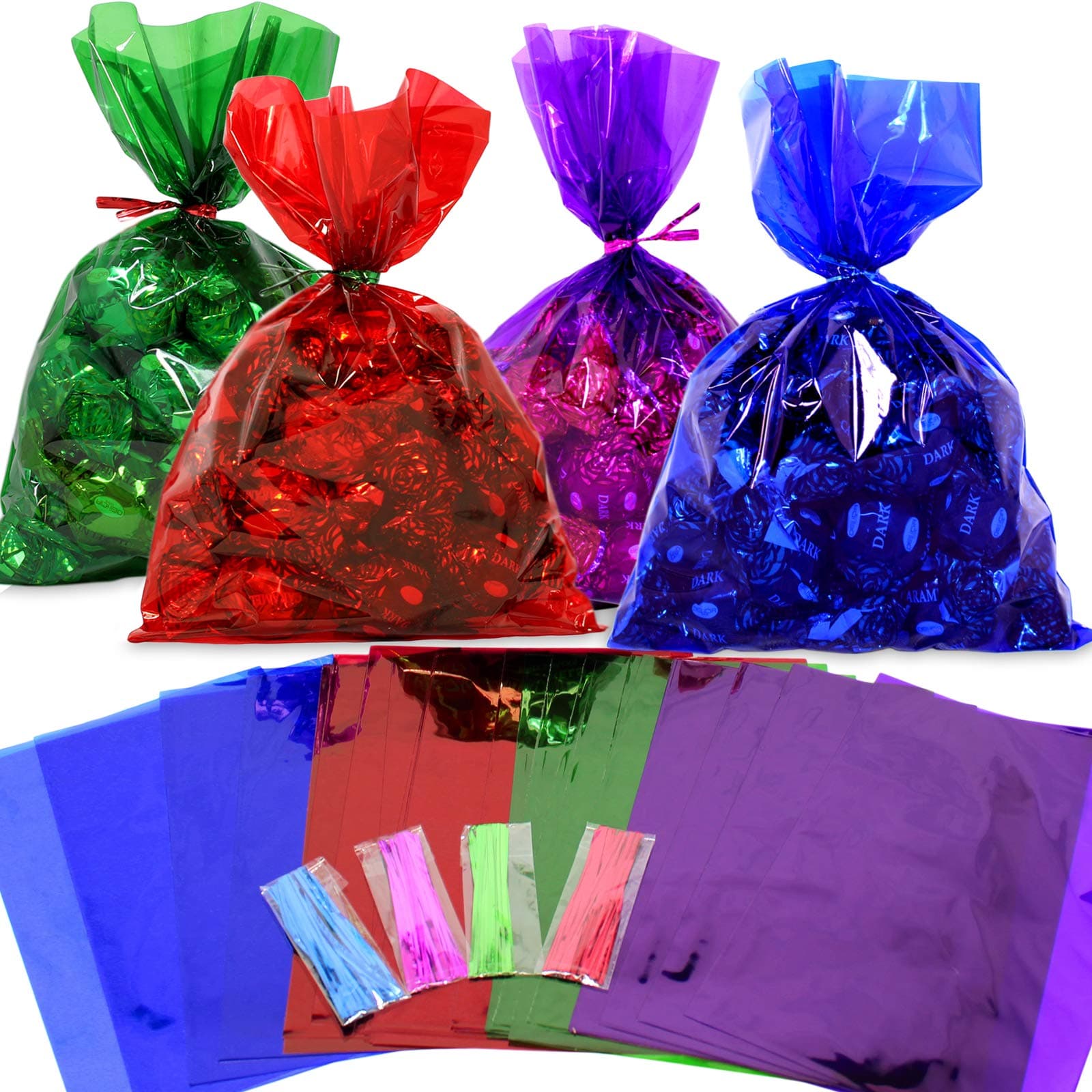 AnapoliZ Cellophane Bags 100 pcs Mix Colors (6 Inch x 9 Inch) | Colorful Cello Treat Bags with Twist Ties | 2.5 Mil Quality Cellophane Treat Bags | Transparent Color 6x9 Inch Bags