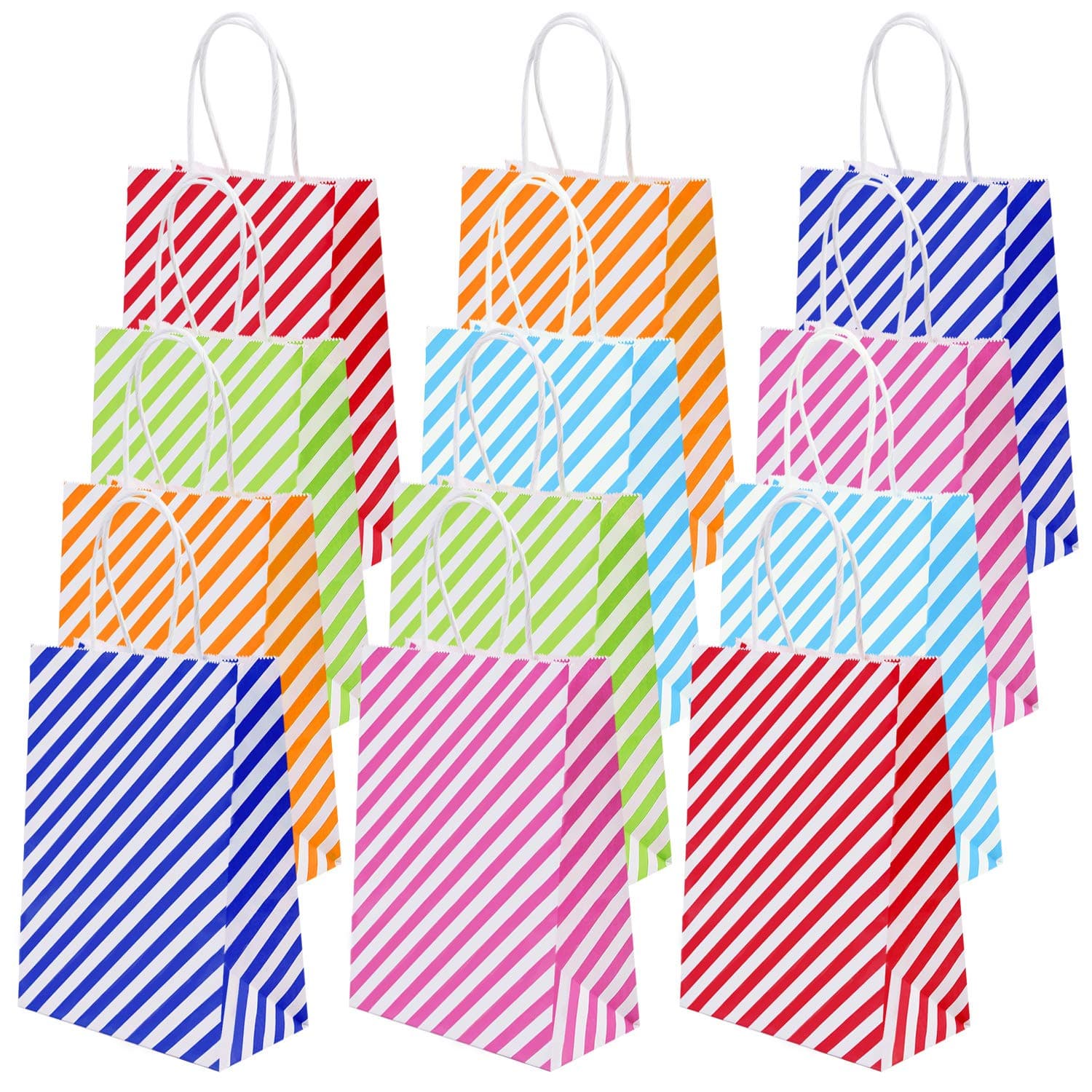 Coobey 30 Pieces Kraft Paper Party Bags Sideling Stripes Bag Candy Bags Birthday Gift Bags with Handle for Gift, Tea Party, Wedding and Party Favor, 6 Colors