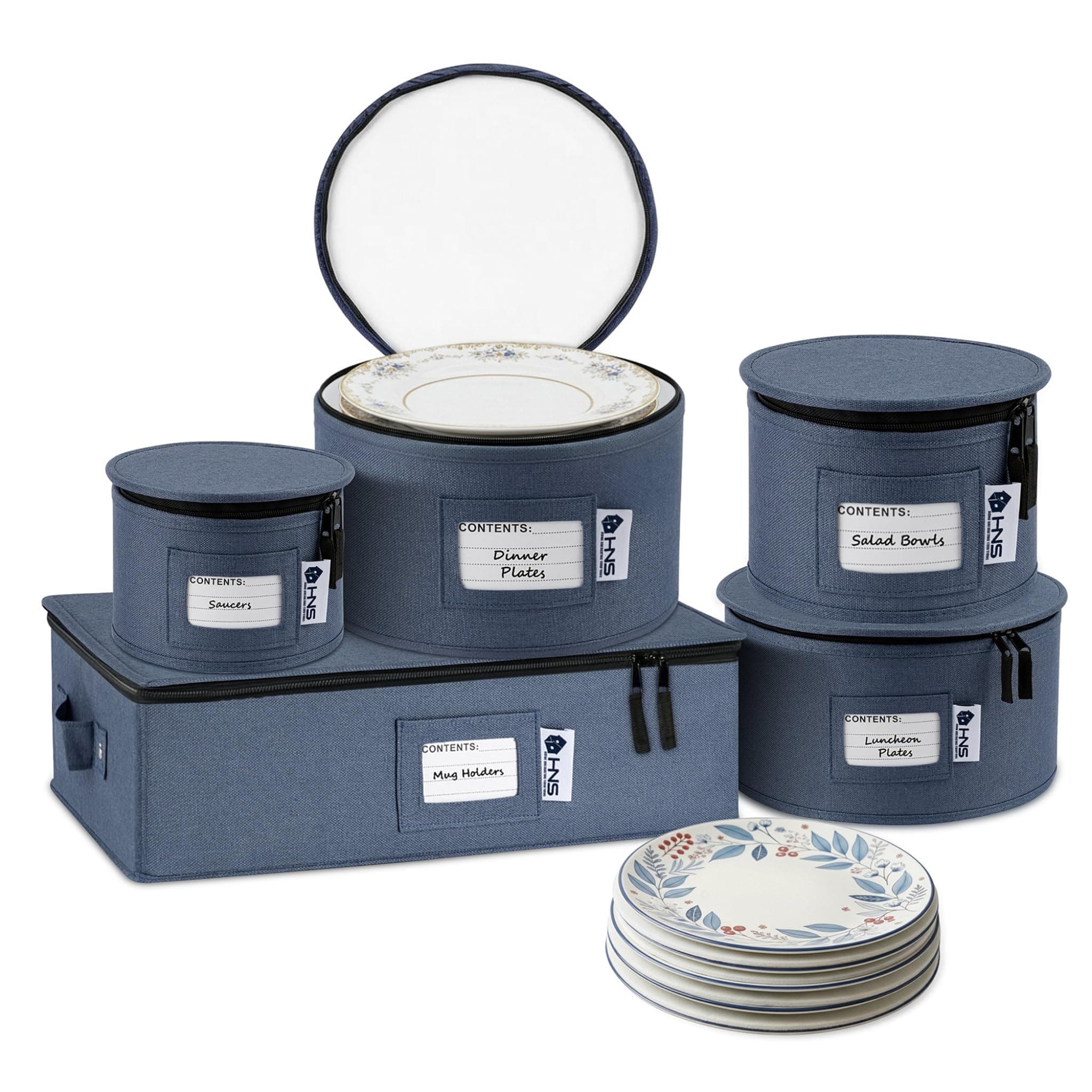 China Storage Hard Shell Containers 5-Piece Set Moving Boxes for Dinnerware, Glasses, Plates, Mugs and Saucers Sturdy Dish Organizer with Dividers for Seasonal Storage - Service for 12 - Denim Blue