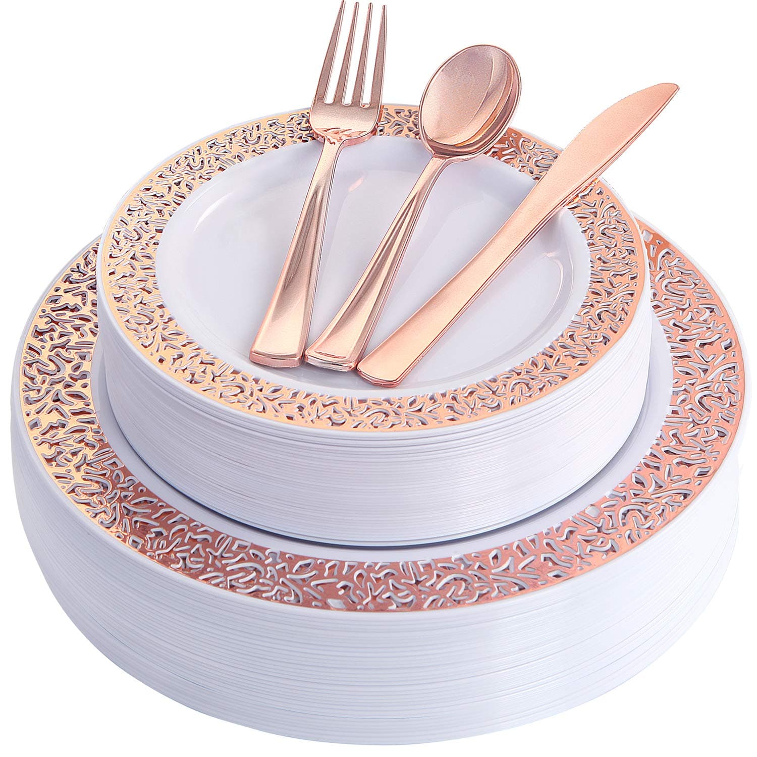 supernal 150pcs Rose Gold Plastic Plates, Rose Gold Silverware, Party Plates with Lace Design, Wedding Plastic Plates, Plastic Flatware, Heavy Weight, Durable Dinnerware