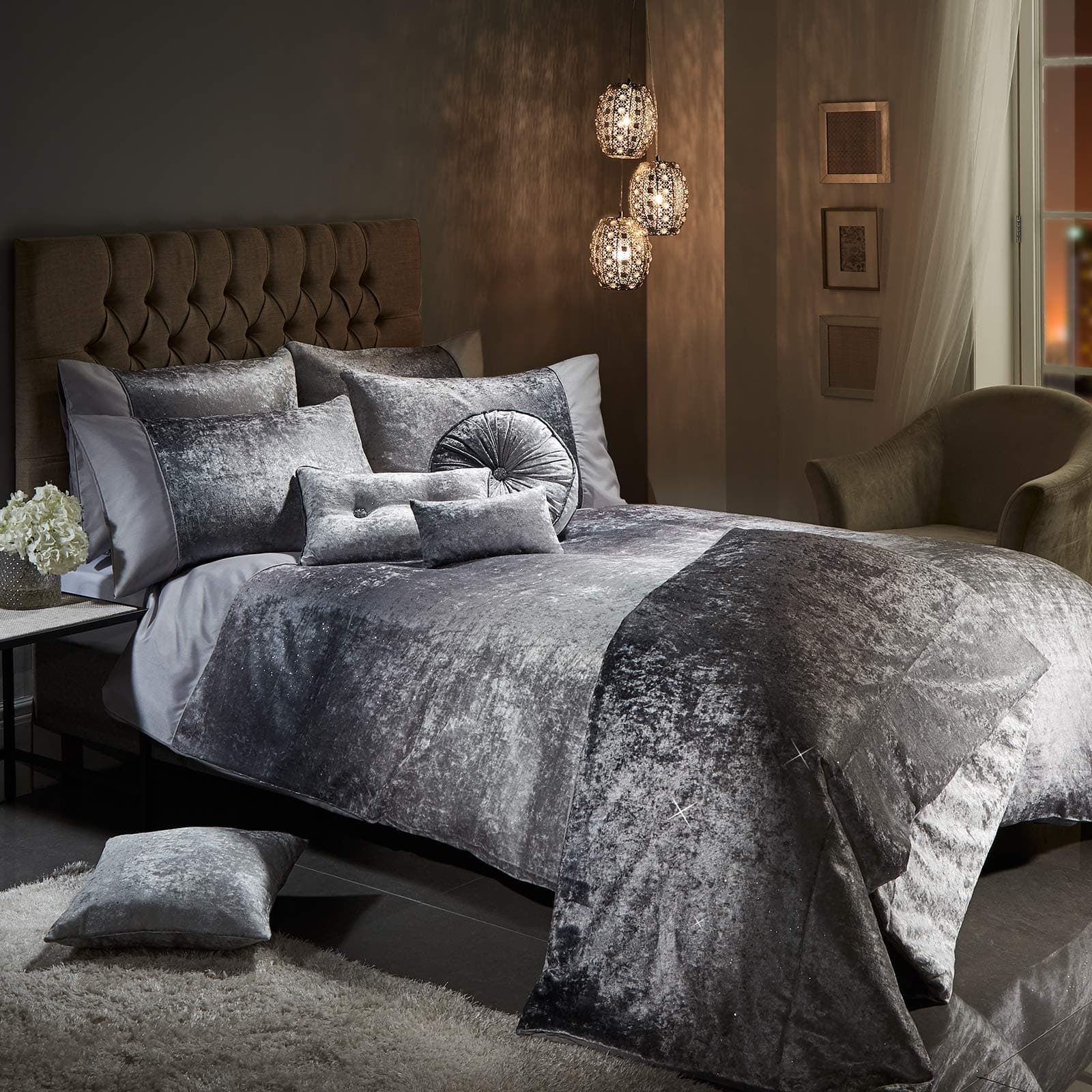 Viceroybedding OMBRE Crushed Velvet Diamante Bedding Duvet Cover Set Bedroom Collection (Grey, King)