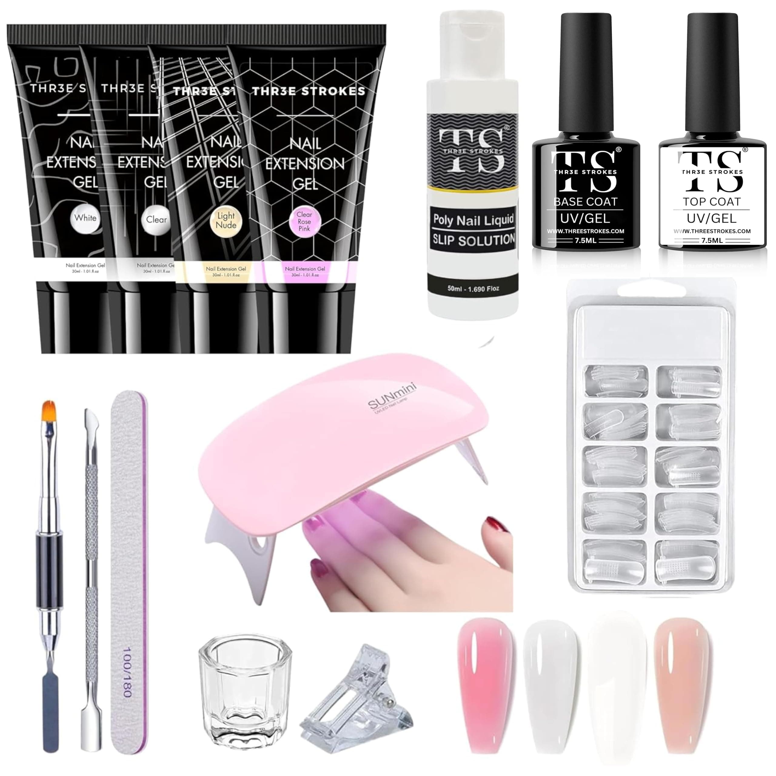 THR3E STROKES Poly Nail Gel Extension Kit for Builder Gel UV Nail Art Kit Nail Extension Set (Nude, Pink, White,Clear) (13 Items in the set)