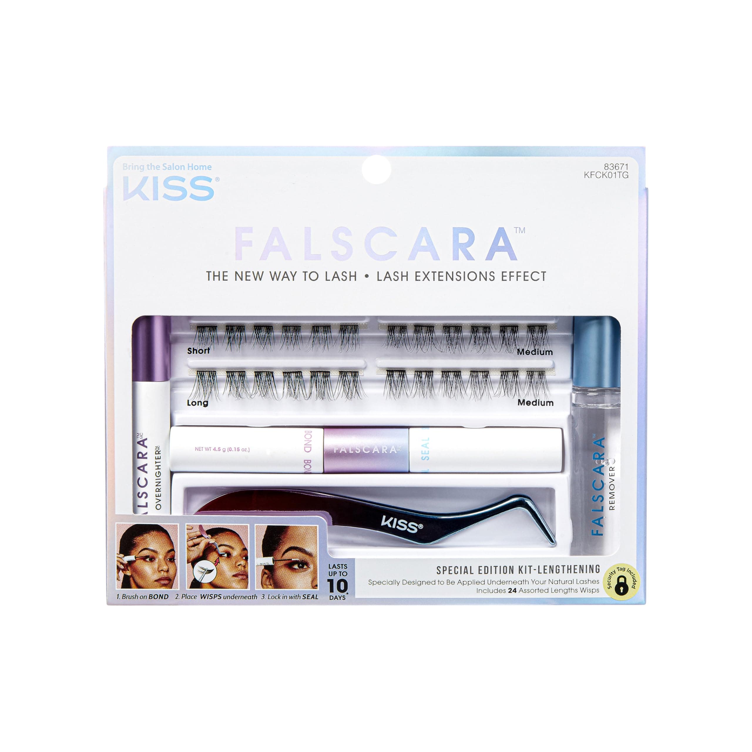 KISS Falscara False Eyelash Special Edition Starter Kit with Overnighter, Bond & Seal, Applicator, Remover, & 24 Lengthening Lash Wisps