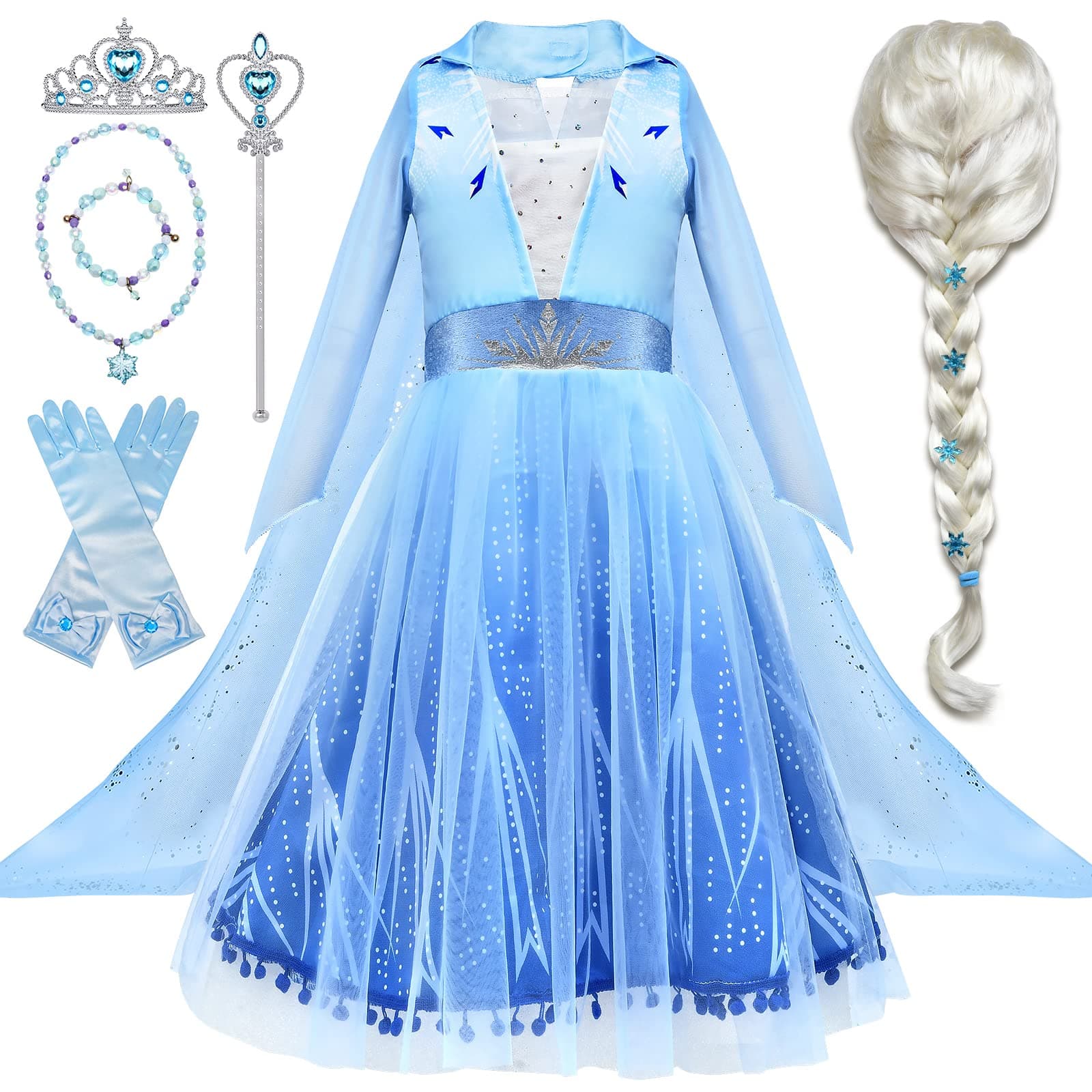Tacobear 10Pcs Princess Costume Dress For Girls Kids Toddler Snow Princess Dress Up Clothes for Little Girls with Accessories Gloves Crown Wands Wig Necklace for 3-4T Kids Christmas Birthday Party