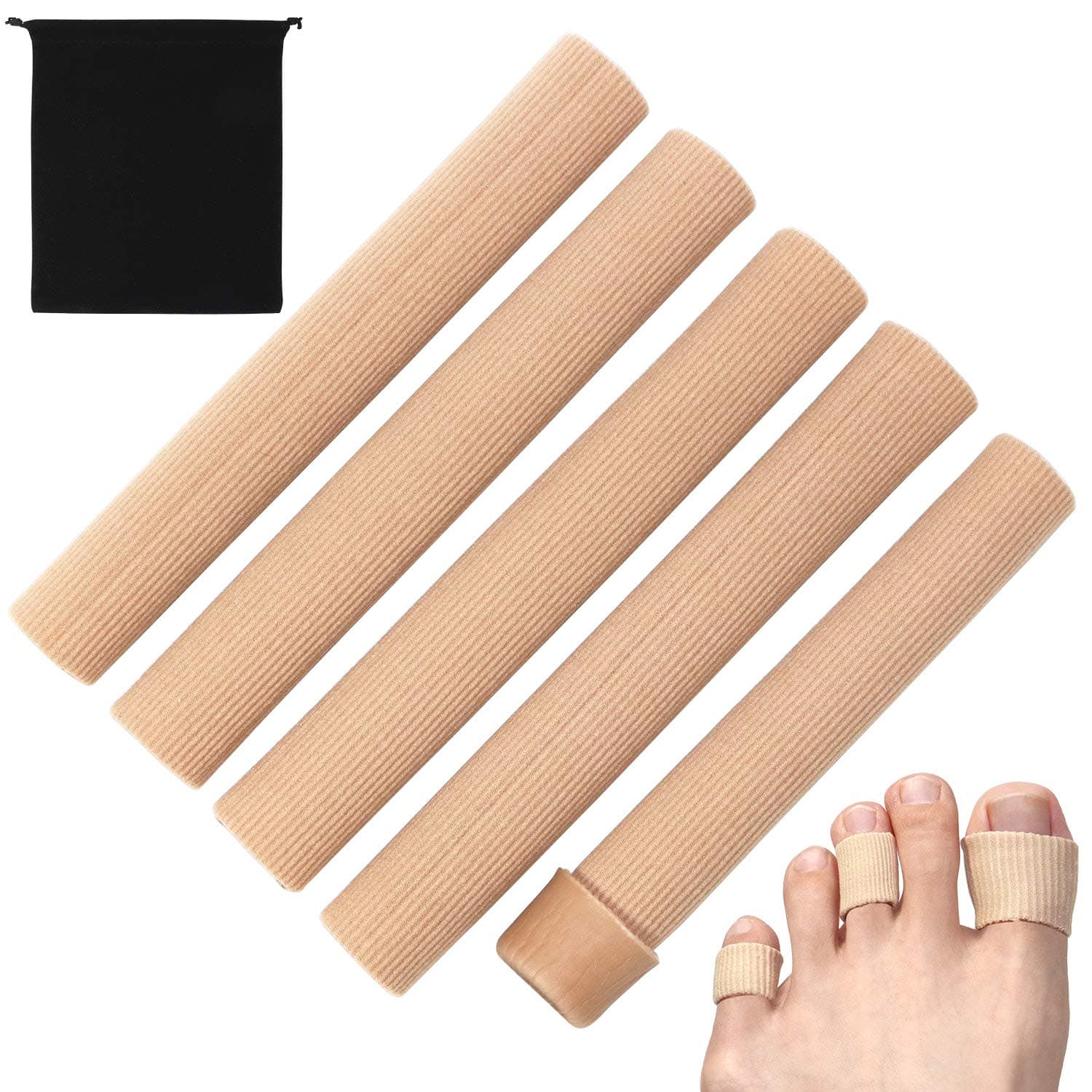 Open Toe Tubes Sleeves Protector Cushions, Fabric Silicone Gel Lining Finger Toe Tubing for Bunion, Hammer Toe, Callus, Corn, Blister 5 Pack (Assorted (S,M,L))