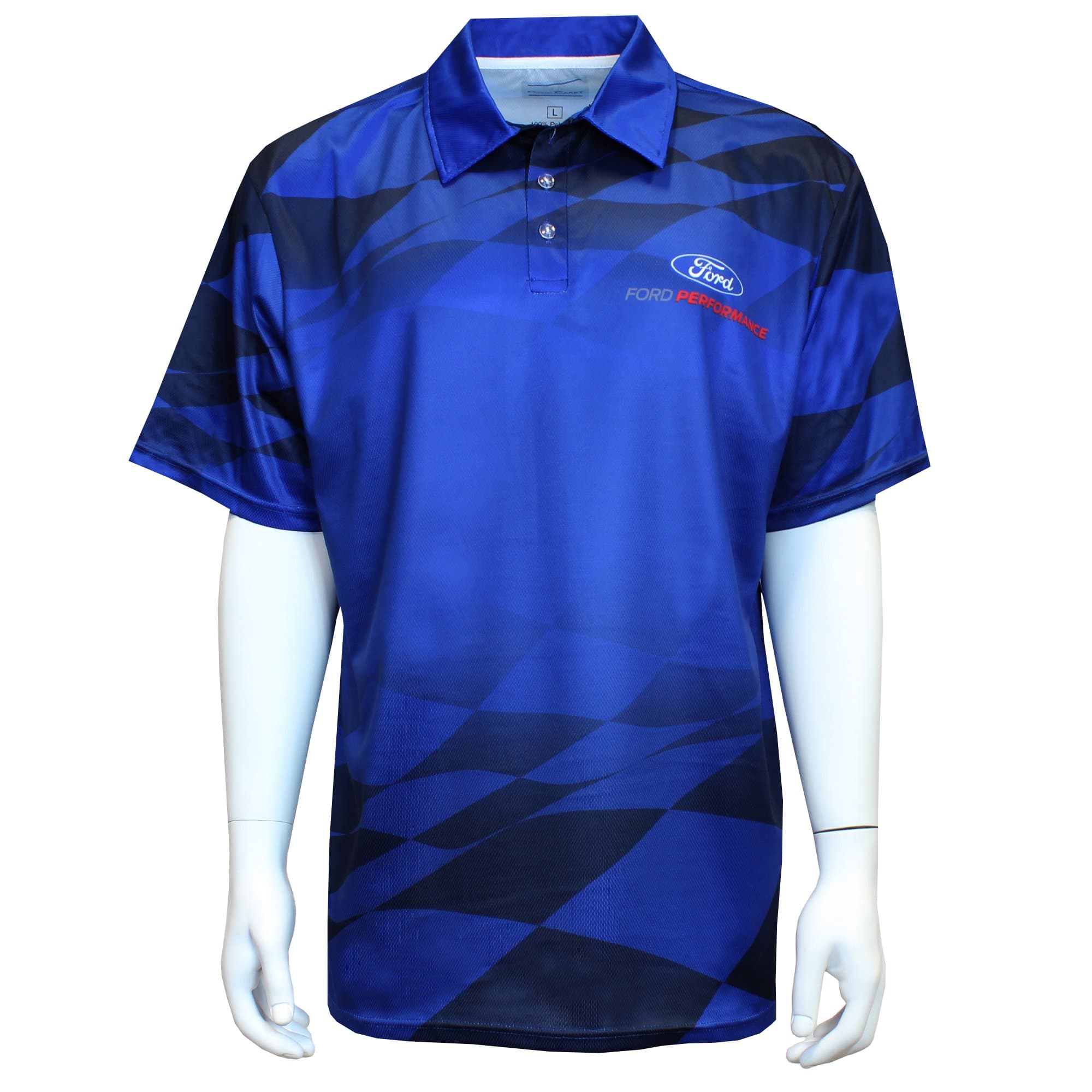 David Carey Ford Performance Polo Shirt – Blue & Black – Button Up Collared Short Sleeve Dry-Wicking Shirt with Logo, L