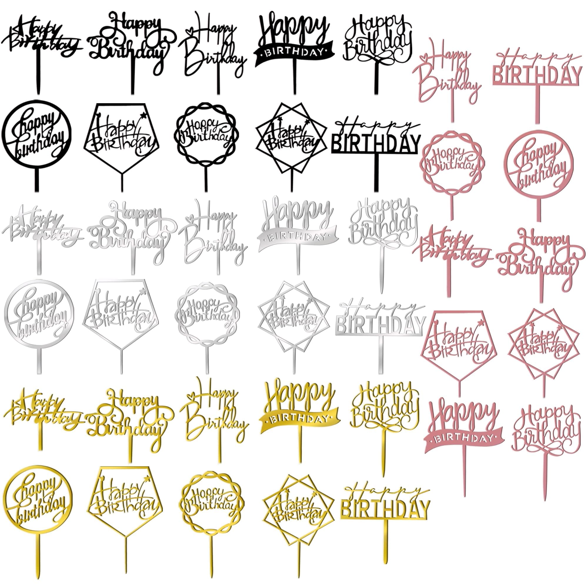 40 PCS Happy Birthday Cake Topper Acrylic Cupcake Topper A Series of Birthday Cake Supplies Decorations 10 Styles 4 Colors