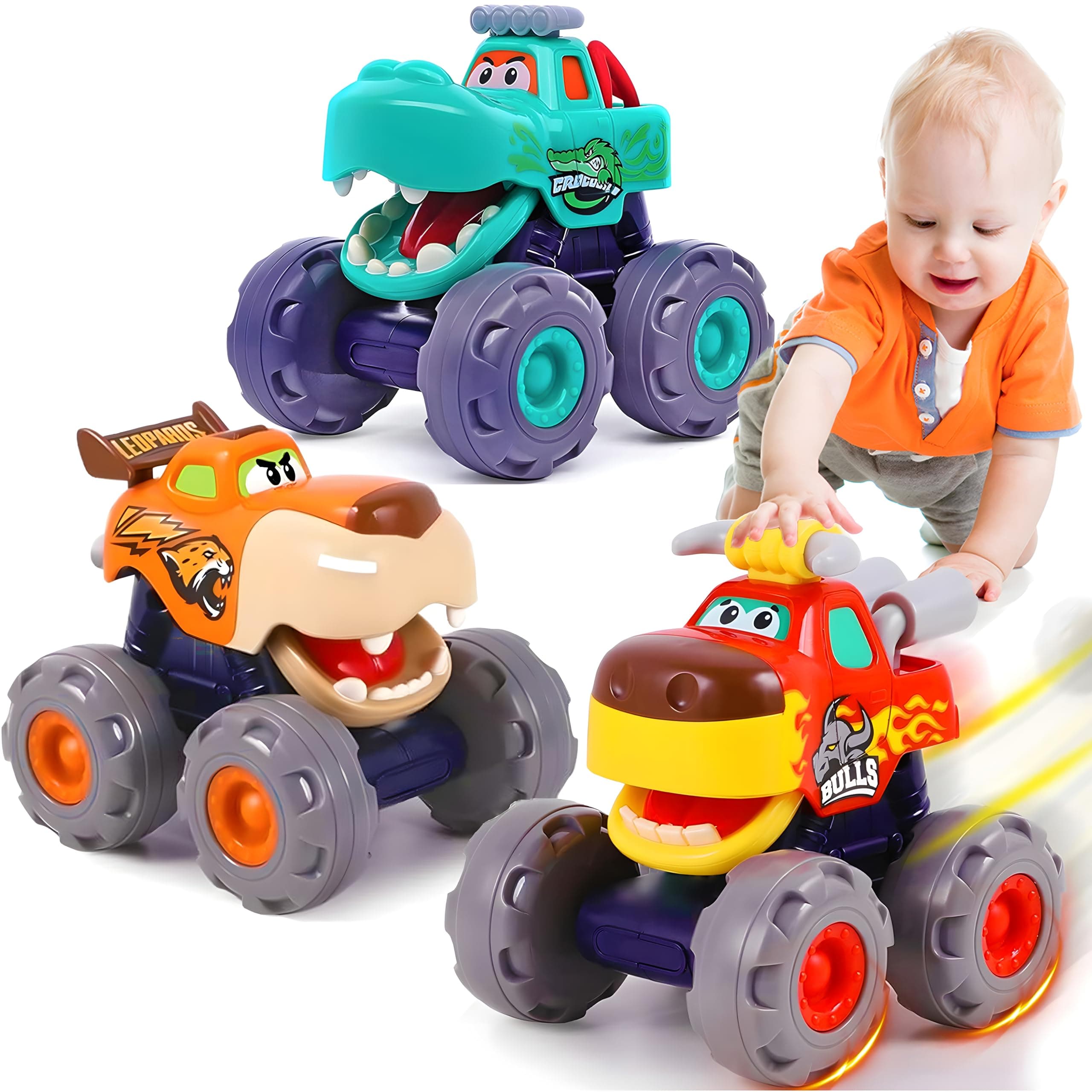 Toy Cars for Toddlers 1-3, 3 Pack Monster Truck Toys for 1 2 3 Year Old Boy Gifts, Baby Animal Play Vehicle Push Pull Back Truck for 12-18 Months 2-4 0-2 1-2 One Year Old Boy 1st Birthday Gift