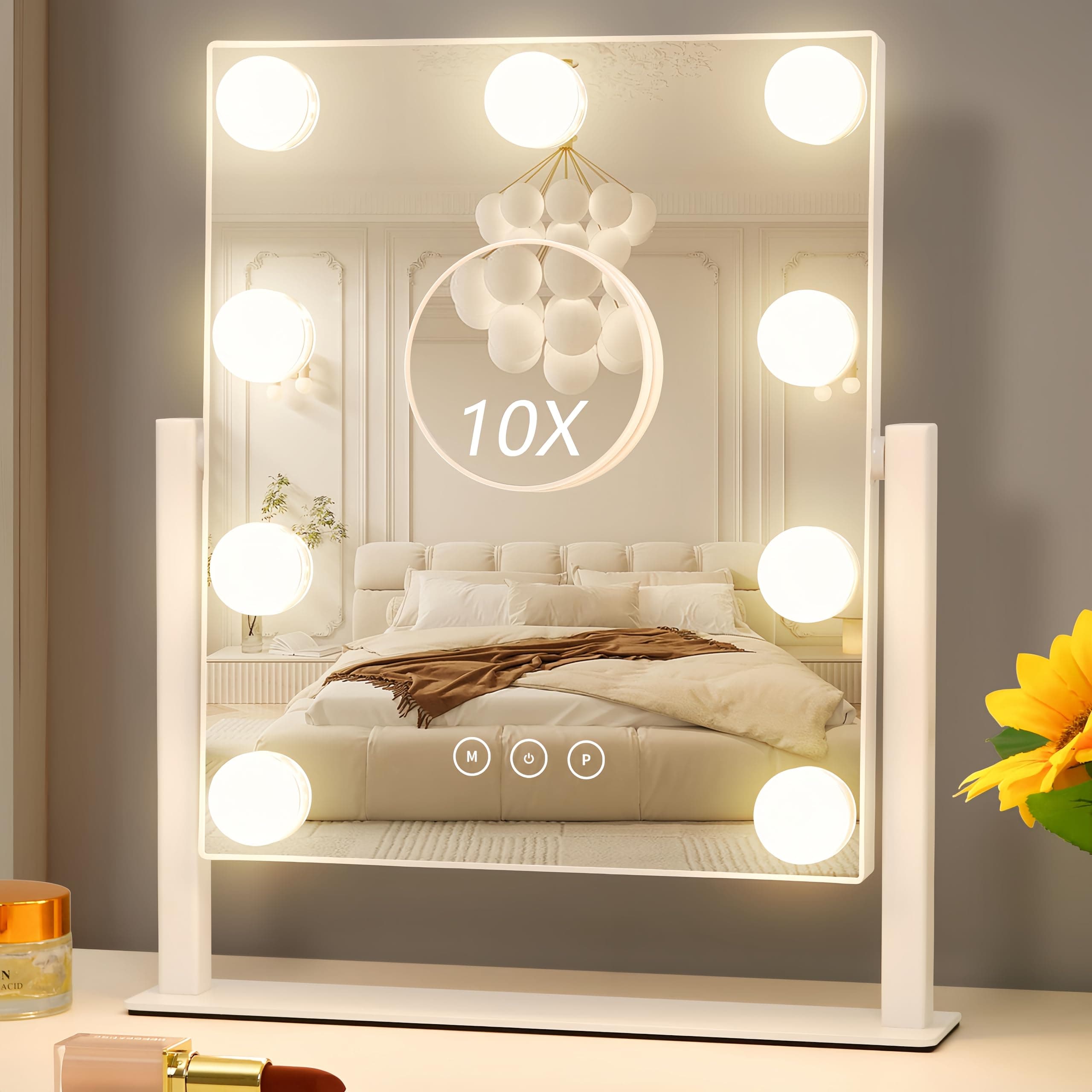 Vanity Mirror with Lights, Hollywood Vanity Makeup Mirror with 9 Dimmable LED Bulbs, 3 Color Lighting Modes, Detachable 10X Magnification, 360°Rotation,White