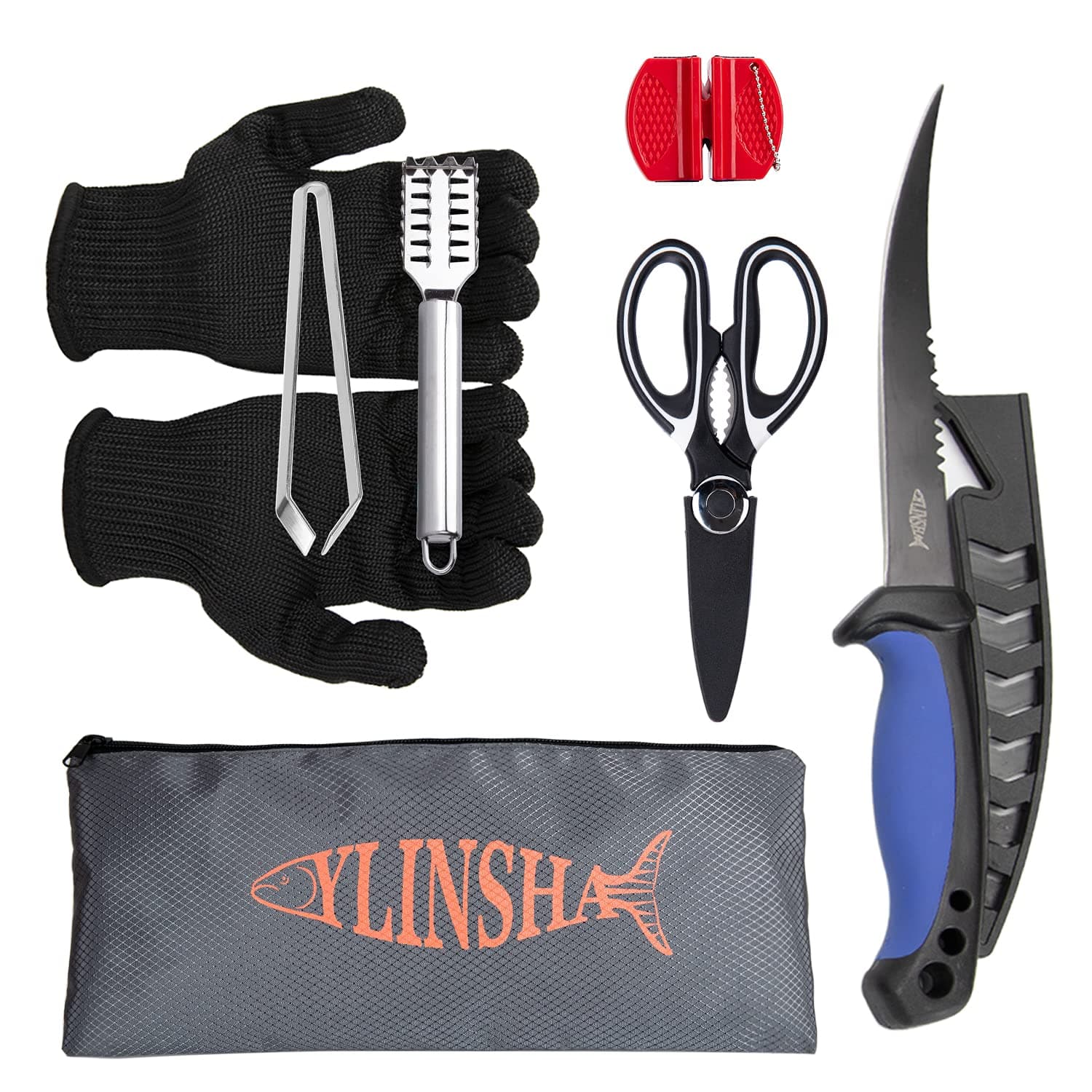 Fishing Knife,Fish Cleaning Kit 7 PC set Fish Knife, Fish Scale Cleaning Brush, multi-functional Scissors, anti-cutting Gloves, Fishbone Tweezers, storage Bag