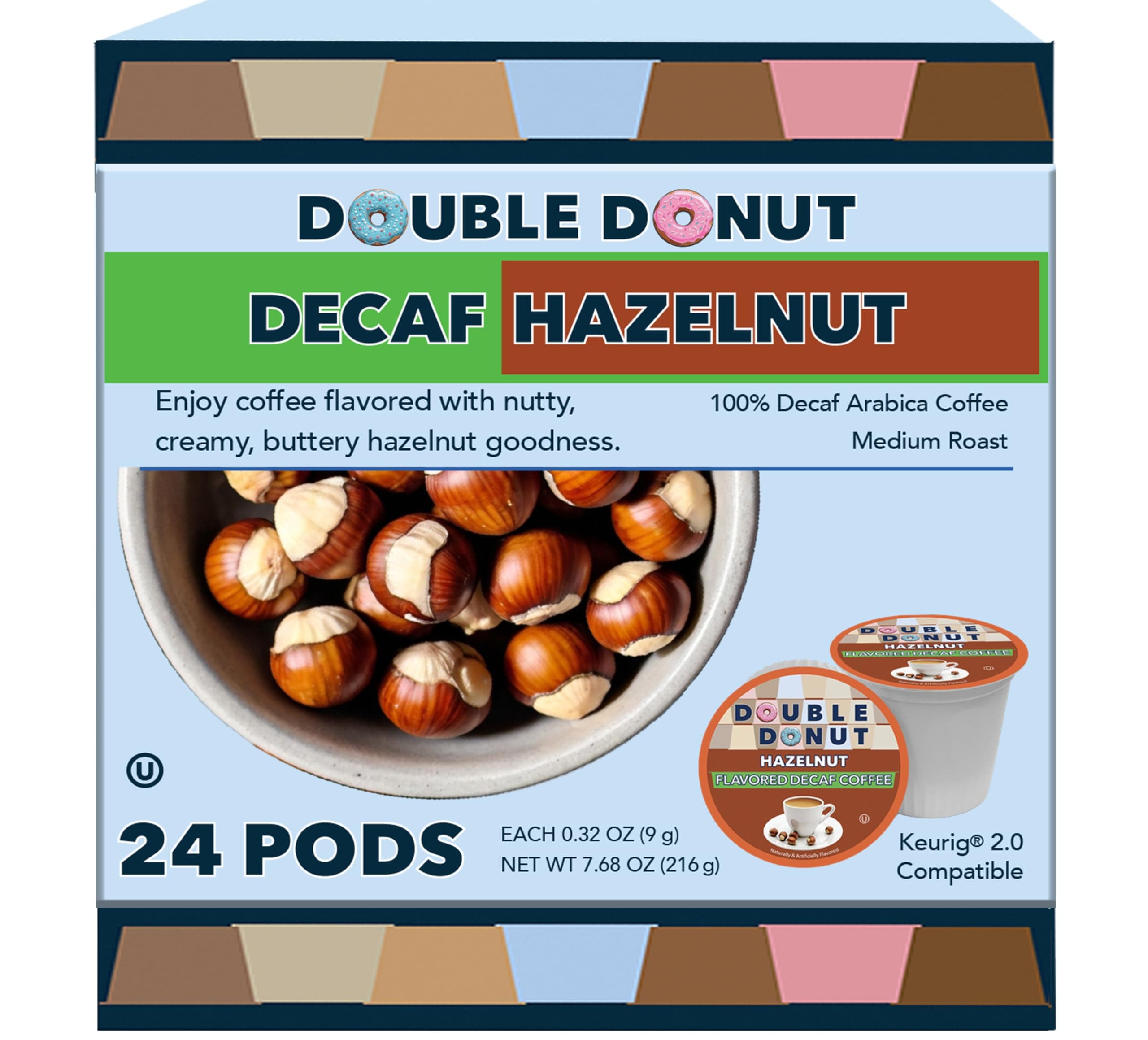 Double Donut Coffee Hazelnut Decaf Coffee Pods Medium Roast Decaffeinated Coffee Pods with Nutty Hazelnut Flavor for Keurig K Cup Machines (SYNCHKG109853) (Pack of 24 )