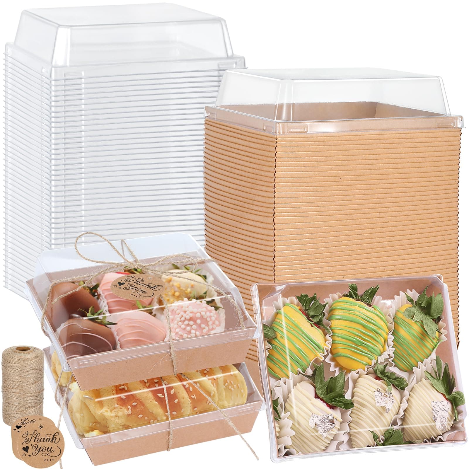60 Pack Charcuterie Boxes with Clear Lids, 5 Inches Kraft Paper Cake Boxes Cookie Square Boxes with Windows Disposable Food Containers for Strawberry Dessert, Cheese Cake, Sandwich (Brown)