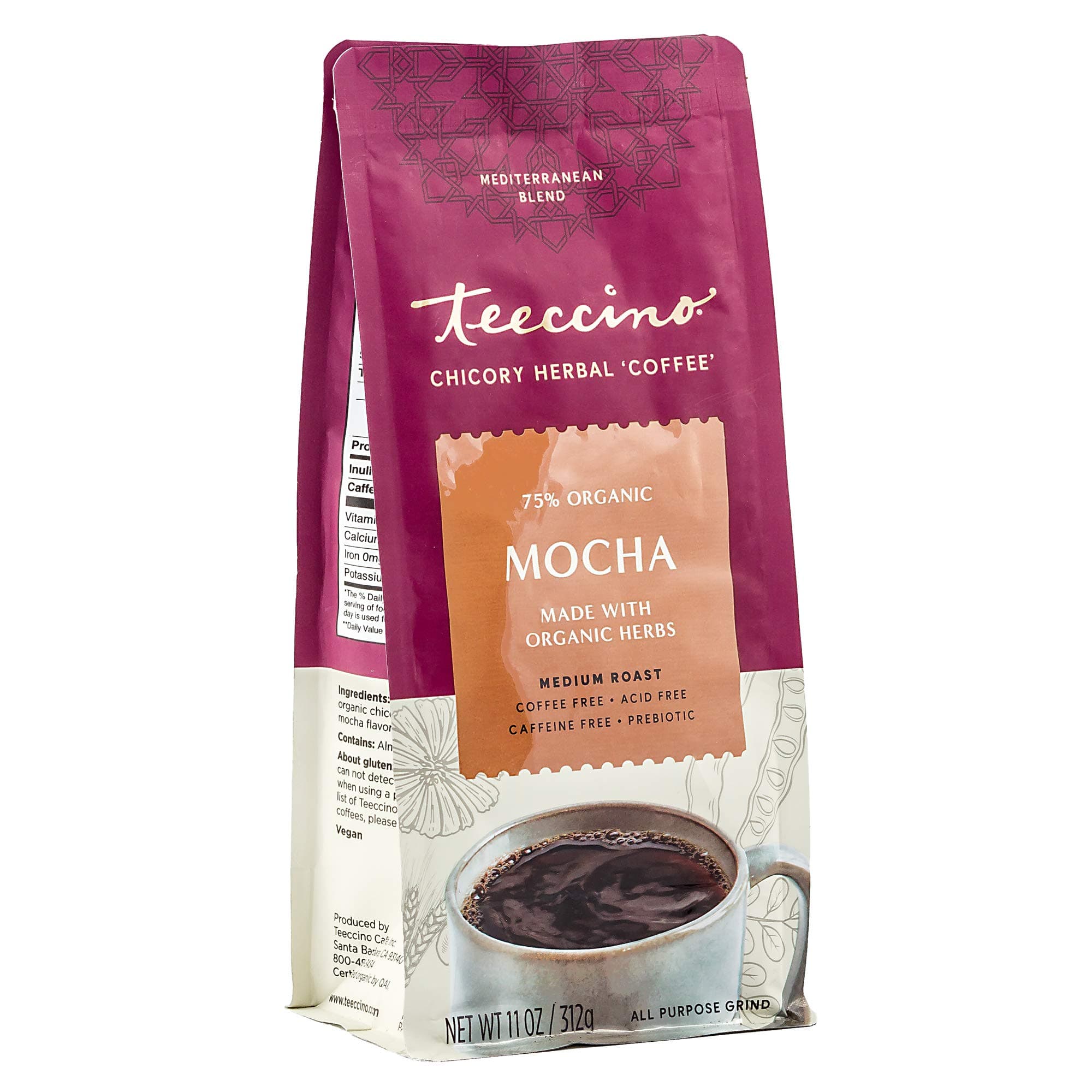 Teeccino Mocha Chicory Coffee Alternative - 11 Ounce - Ground Herbal Coffee That’s Prebiotic, Caffeine-Free & Acid Free, Medium Roast