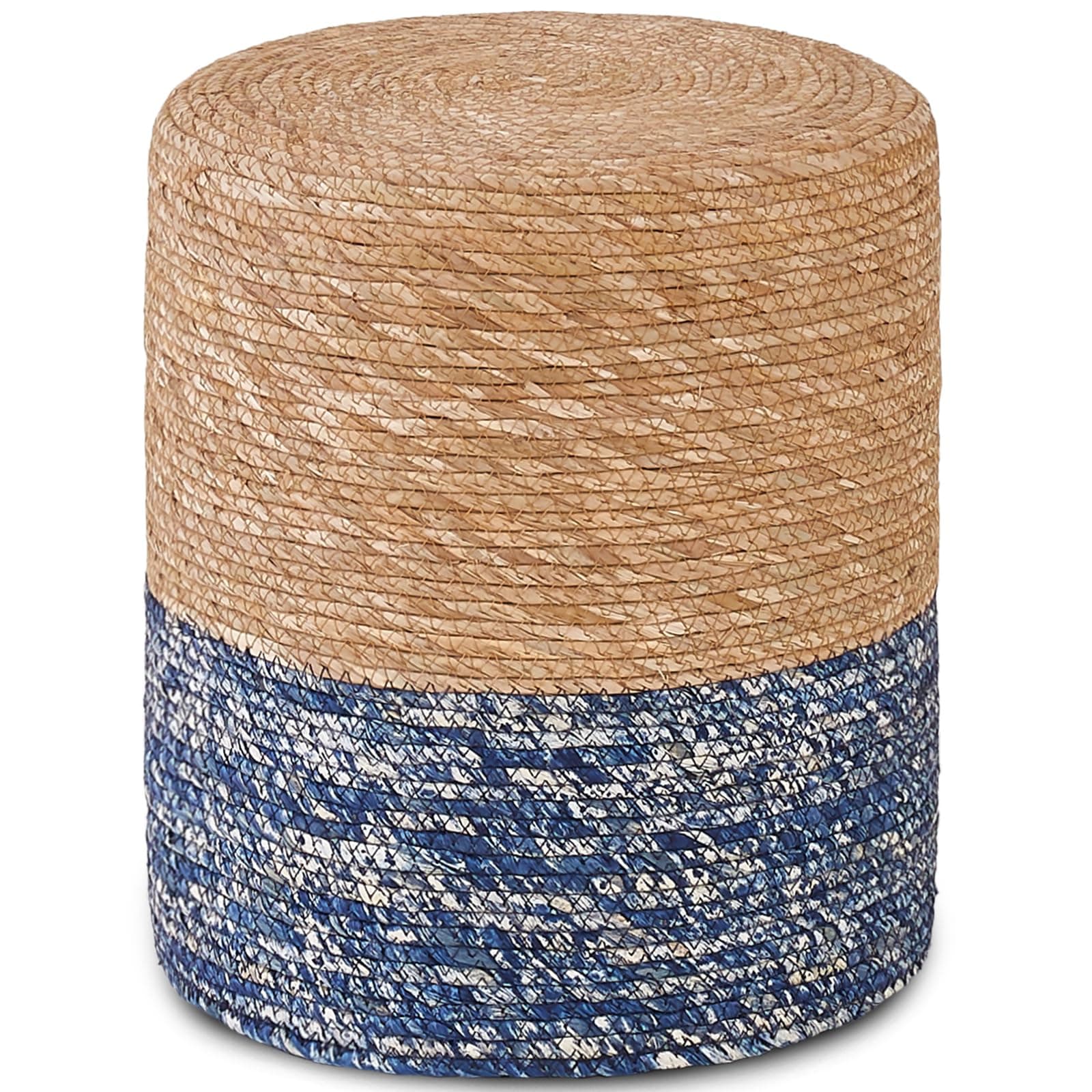 Wimarsbon Natural Seagrass Foot Stool, Hand Weaving Round Ottoman, for Living Room, Outdoor Seat (Natural & Blue)